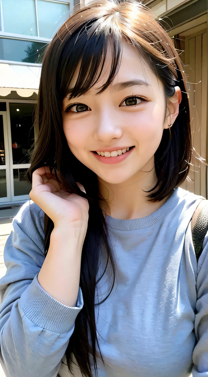 bob cuts、Cute teenage girl、AKB48 Team TP、AKB48 、(A masterpie、best qulaity:1.2)、ultra-highres、(photorealestic:1.4)、Detailed skin、cinematic lighting、Friendly、Intelligent、Get carried away by the conversation、happiness、cordial、Energetic and、Cheerful and、Be creative、Glittering eyes and infectious smile、In the street、upper-body