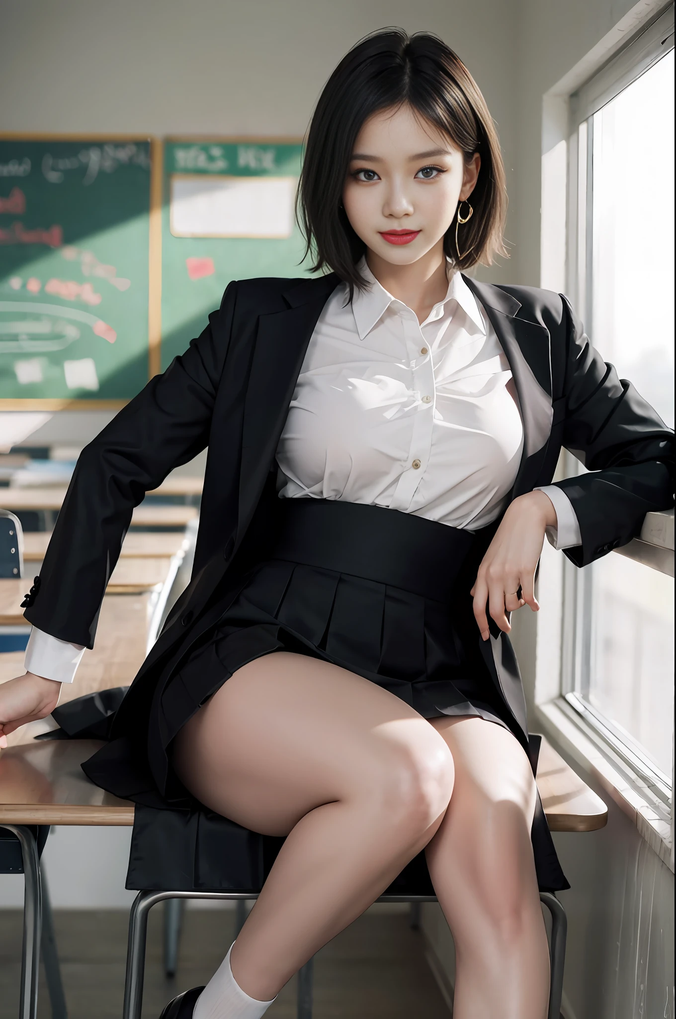 8K RAW photo, high resolution, 21 year old cool Korean, big round breasts, school uniform, tie, tie ribbon, blazer, skirt, beautiful eyes in detail, long eyelashes, beautiful double eyelids, eye shadow, slit eyes, sanpaku eyes, dark eye makeup, evil smile, beautiful thin legs, short hair gathered at the back, earrings, school classroom