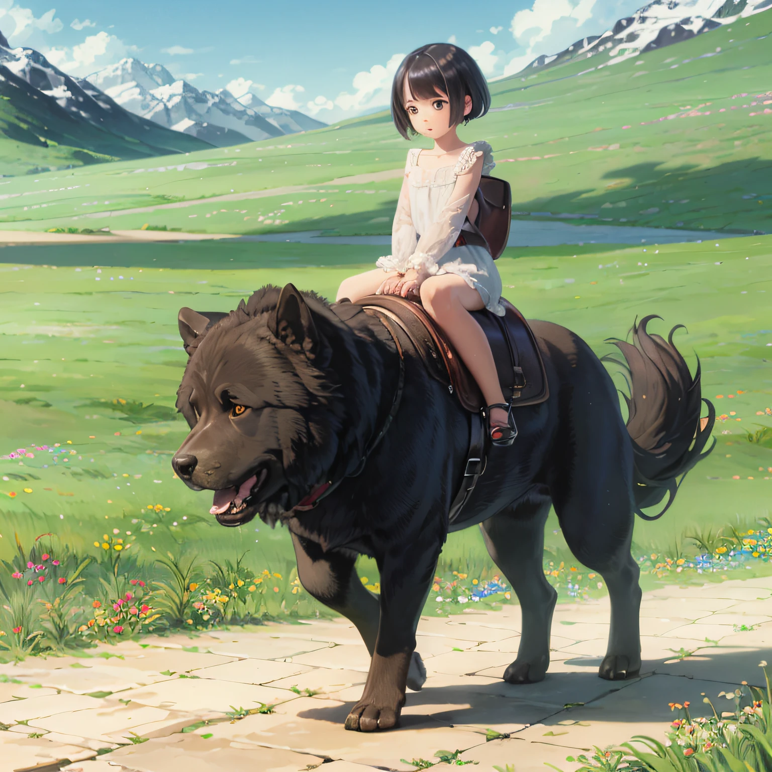 A little girl rides on a Tibetan mastiff The girl and the Tibetan mastiff have all kinds of jewelry on them --auto