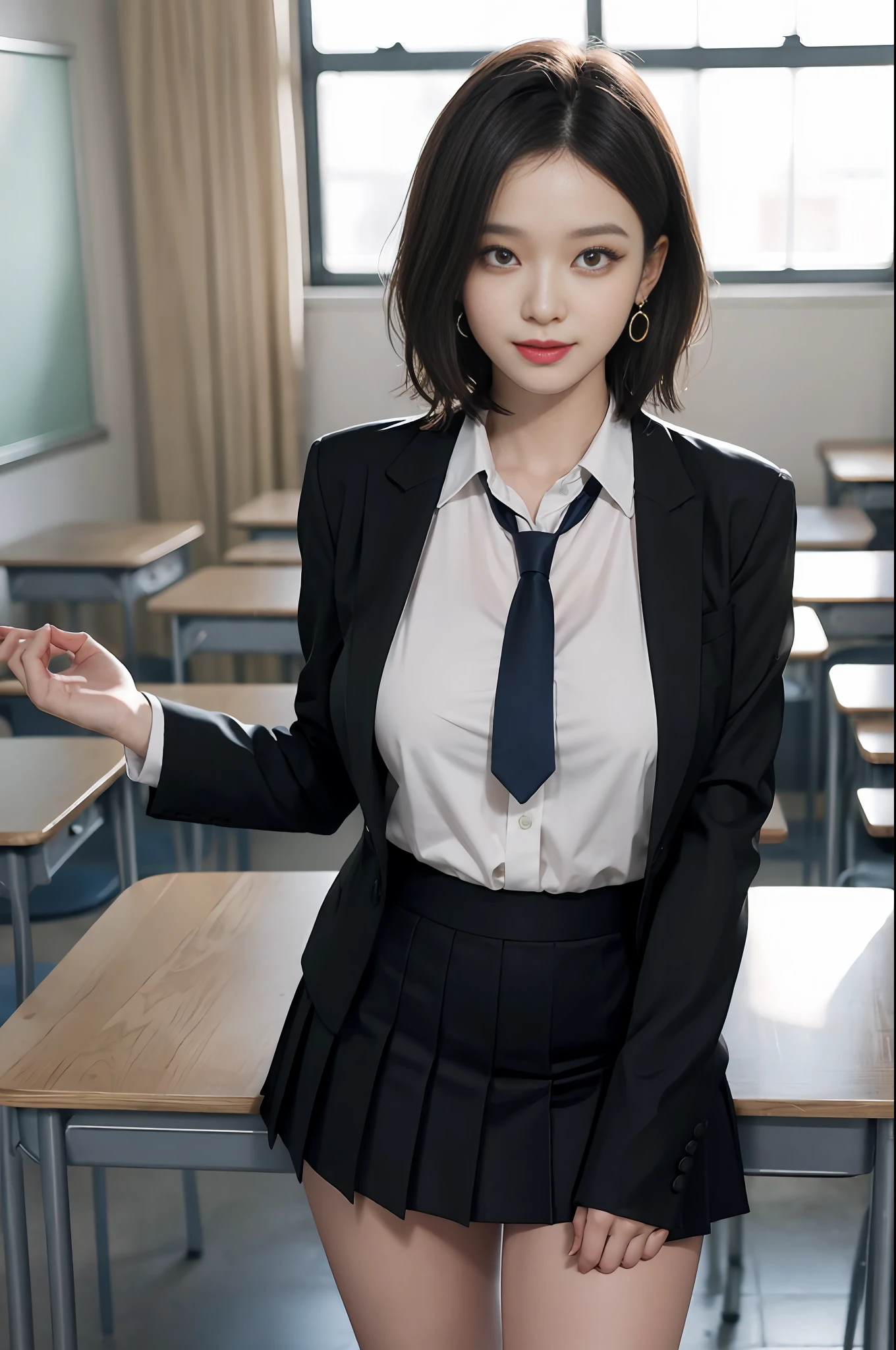 8K RAW photo, high resolution, 21 year old cool Korean, big round breasts, school uniform, tie, tie ribbon, blazer, skirt, beautiful eyes in detail, long eyelashes, beautiful double eyelids, eye shadow, slit eyes, sanpaku eyes, dark eye makeup, evil smile, beautiful thin legs, short hair gathered at the back, earrings, school classroom