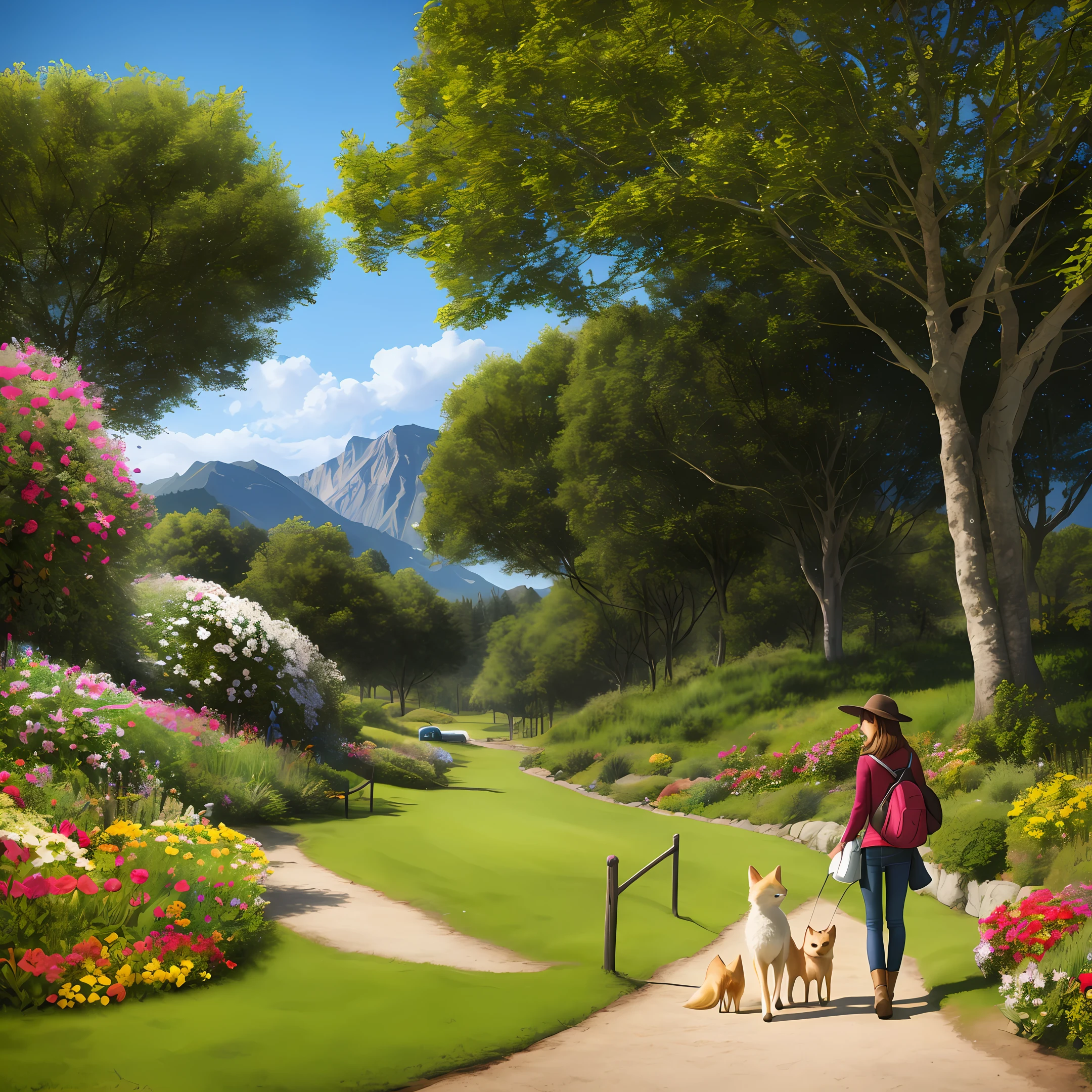 Uma garotinha incrivelmente charmosa carregando uma mochila, accompanied by her adorable fox, desfrutando de um lindo passeio de primavera cercado por belas flores amarelas e paisagens naturais. The illustration is in high definition in 4k resolution, with highly detailed facial features and cartoon-style visuals.