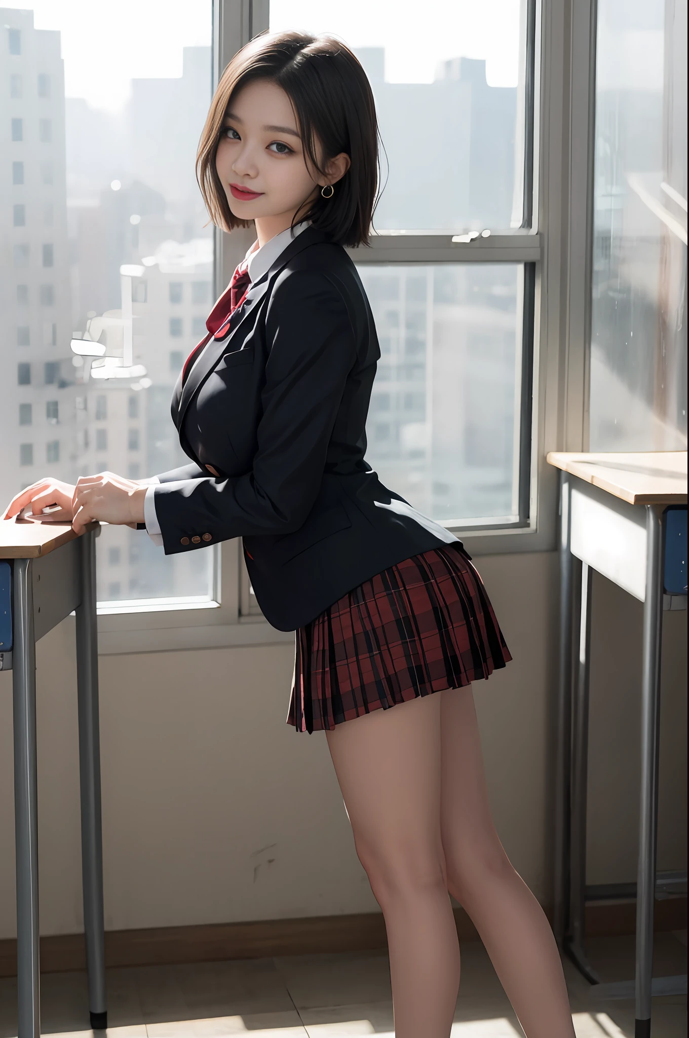 8K RAW photo, high resolution, 21 year old cool Korean, big round breasts, school uniform, tie, tie ribbon, blazer, skirt, beautiful eyes in detail, long eyelashes, beautiful double eyelids, eye shadow, slit eyes, sanpaku eyes, dark eye makeup, evil smile, beautiful thin legs, short hair gathered at the back, earrings, school classroom