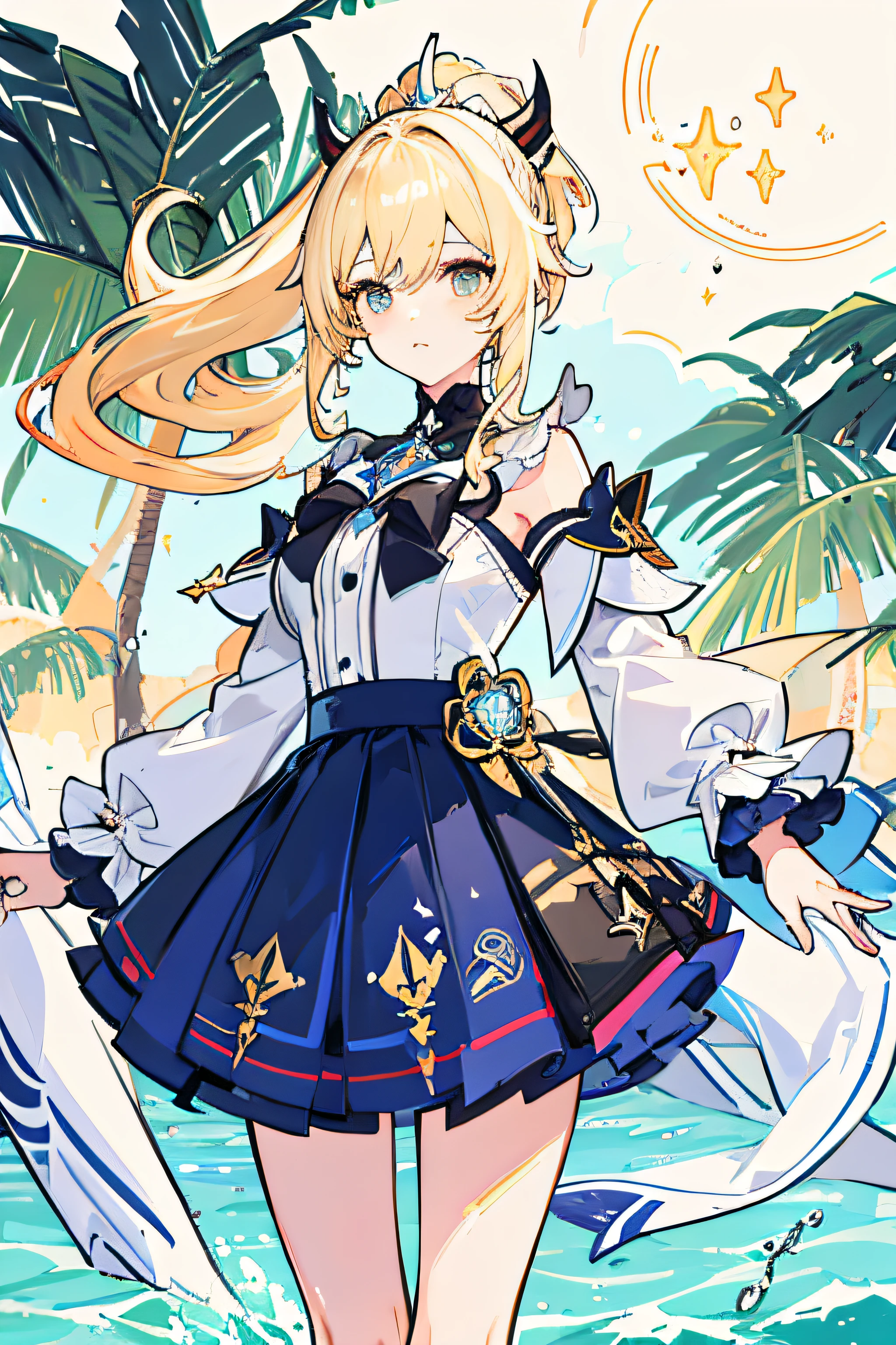 8K,best qulaity,The Masterpiece,1 girl,barbara\(genshin impact\),Blonde hair color,Curly hair double ponytail,skirts,Slender figure,Summer atmosphere,Richly coloured,Warm