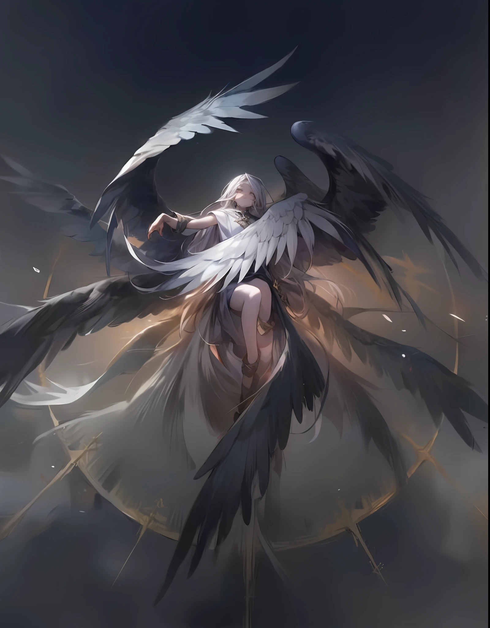 Ser celestial, com mais de seis asas, anjo, 1menina, cabelos prateados, olhos dourados, aura dourada, halo, roupas angelicais, (detalhado), (beldade), (anime imagem)