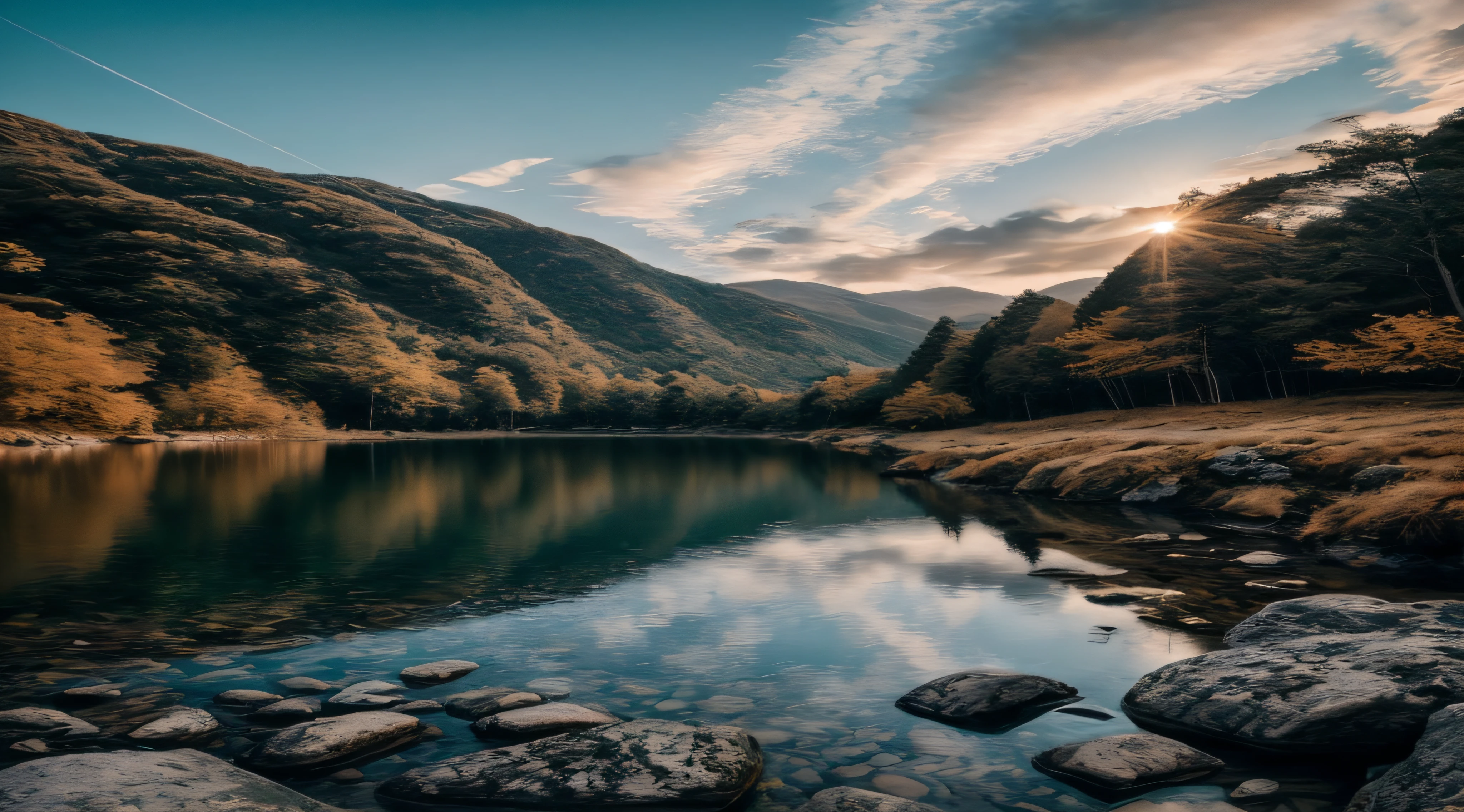 a river surrounded by rocks and trees in the middle of a forest, a lake between mountains, mountains river trees, setting in nature, beautiful place, landscape photography 4k, majestic nature scenery, stunning nature in background, nature photography 4k, an amazing landscape image, by Franz Hegi, by Sebastian Spreng, wide angle landscape photography, nature wallpaper