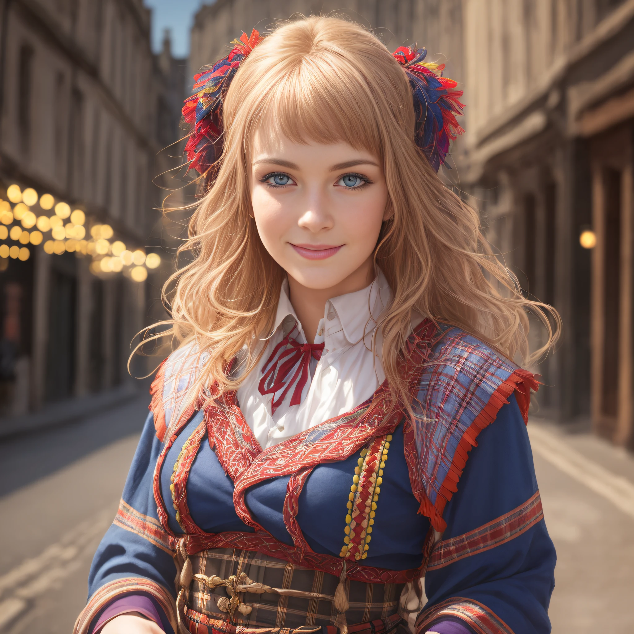 Scotland traditional dancer, portrait of a photorealistic incredibily beautiful happy woman, 20 yr, half smiling, staring at camera in front, intense coloration fantasy, light hair, a stunning realistic photograph 20 years , Random hair, Random color eyes, Luminism, Bar lighting, octane rendered