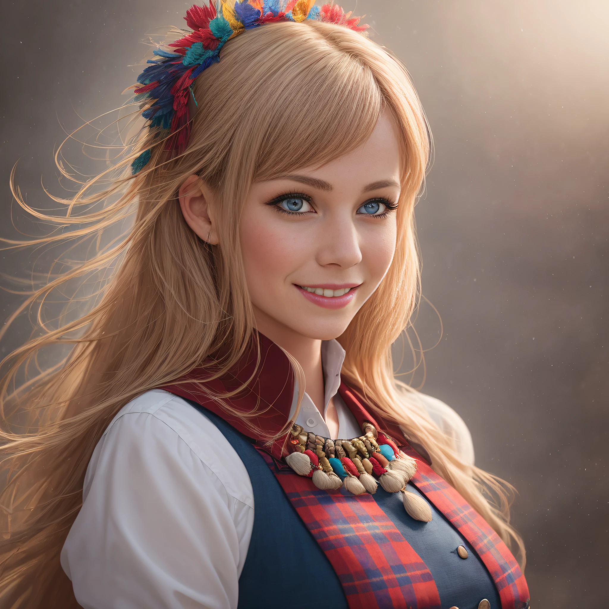 Scotland traditional dancer, portrait of a photorealistic incredibily beautiful happy woman, 20 yr, half smiling, staring at camera in front, intense coloration fantasy, light hair, a stunning realistic photograph 20 years , Random hair, Random color eyes, Luminism, Bar lighting, octane rendered