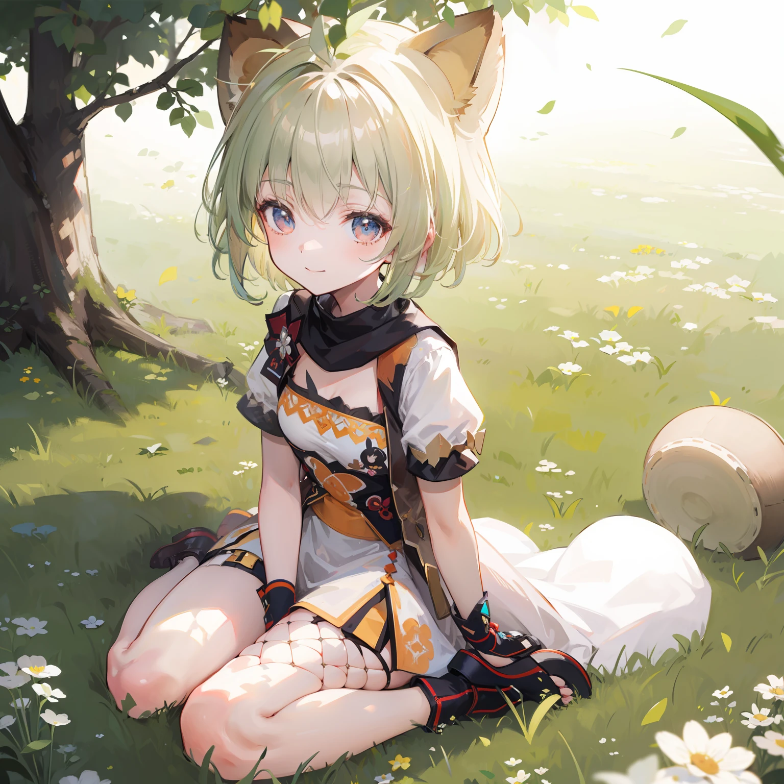 ((Masterpiece,Best quality)),1girls, Solo, Animal ears, bunnies, bare foots, Knees raised, skirts, Seated position, rabbit ear, short sleeve, looking at the spectator, grass field, bobhair, Smiled,  puff sleeves,al fresco，Fluffy short sleeves，Hair bangs，On the ground，full full body，animals，white  dress，The sunlight，Dappled sunlight，During the Day，deep of field，Panty
