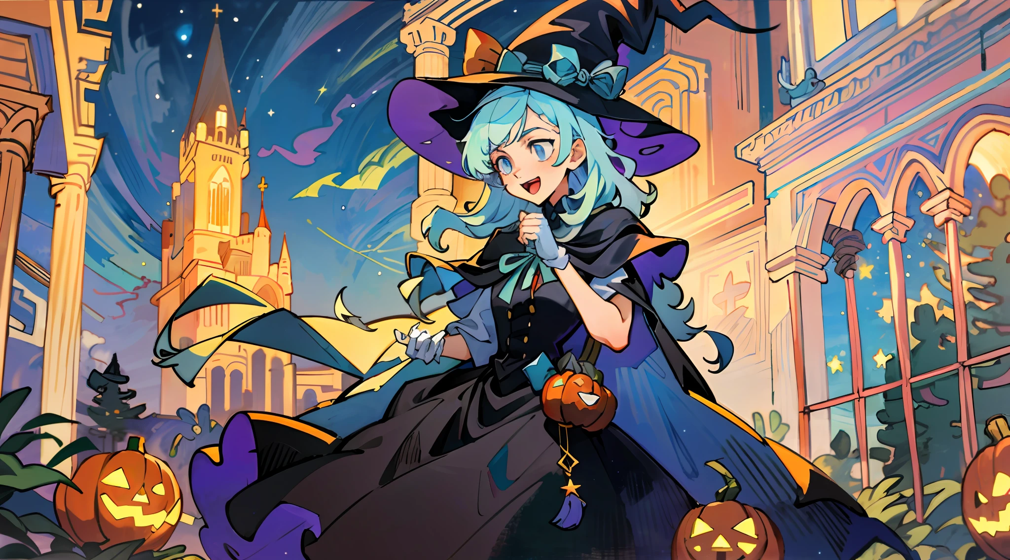 ((masterpiece:1.2, best quality)), 1girl, solo, (witch hat), a close up of a girl with curly hair, dress, aurora, night, star (sky), gloves, sky, dress, night sky, open mouth, starry sky, light blue eyes, ribbons, smile, cape, colorful hair, magic, casting spell, night, (impressionism:1.4), alphonse mucha, Halloween colors, colorful candy, magical lights, pumpkins, candies, spooky castle cathedral background