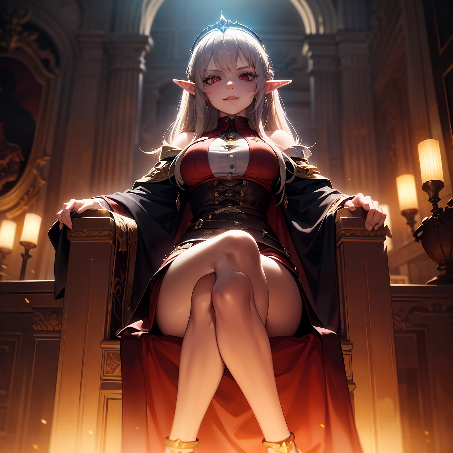 (a masterpiece of digital artwork with the finest quality and finest details:1.2),(an elaborate and stunning portrayal of an elf queen with a smug expression and piercing red eyes),(sitting on her throne under dim lighting, evil intentions flickering across her face), her crown glinting in the shadows.