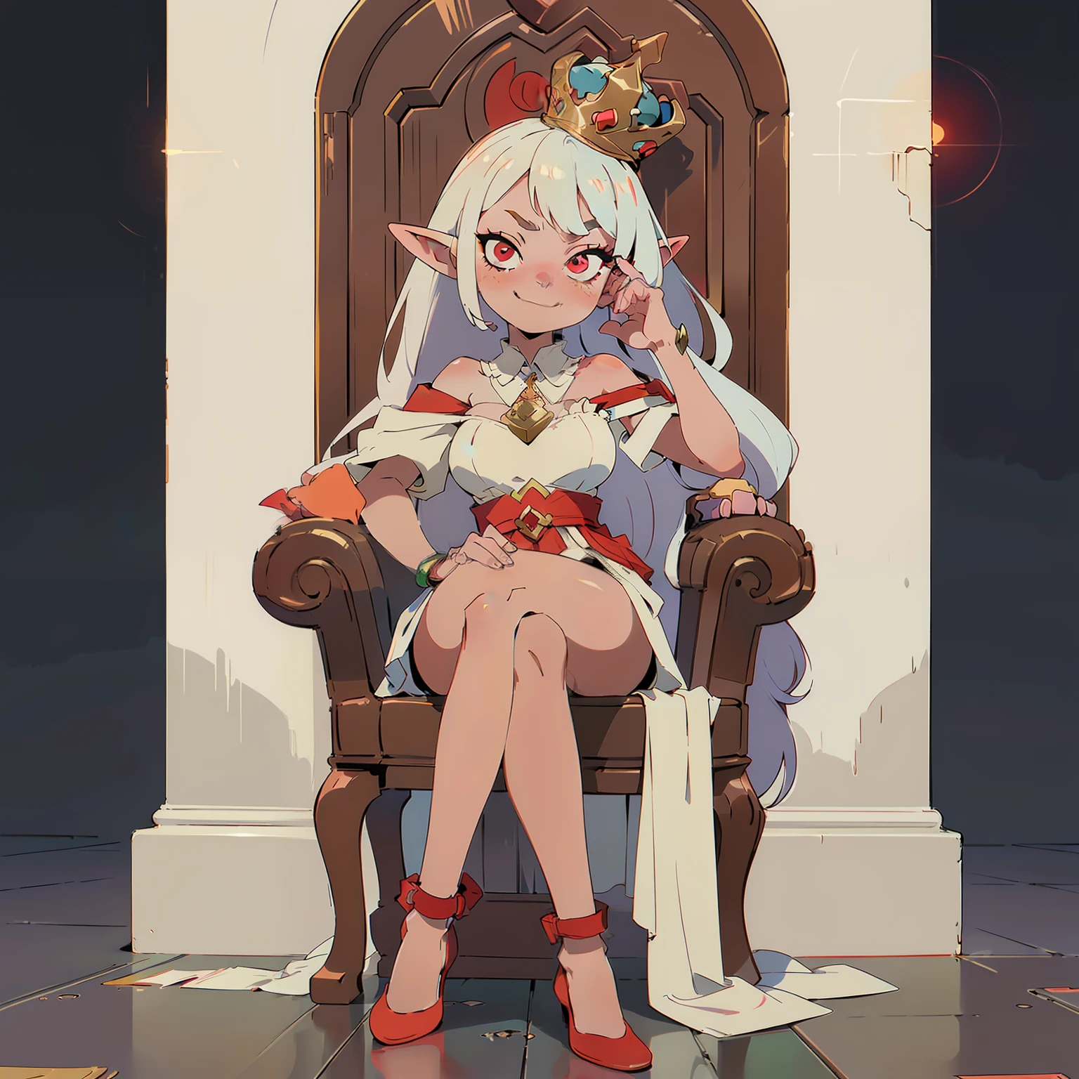 (a masterpiece of digital artwork with the finest quality and finest details:1.2),(an elaborate and stunning portrayal of an elf queen with a smug expression and piercing red eyes),(sitting on her throne under dim lighting, evil intentions flickering across her face), her crown glinting in the shadows.