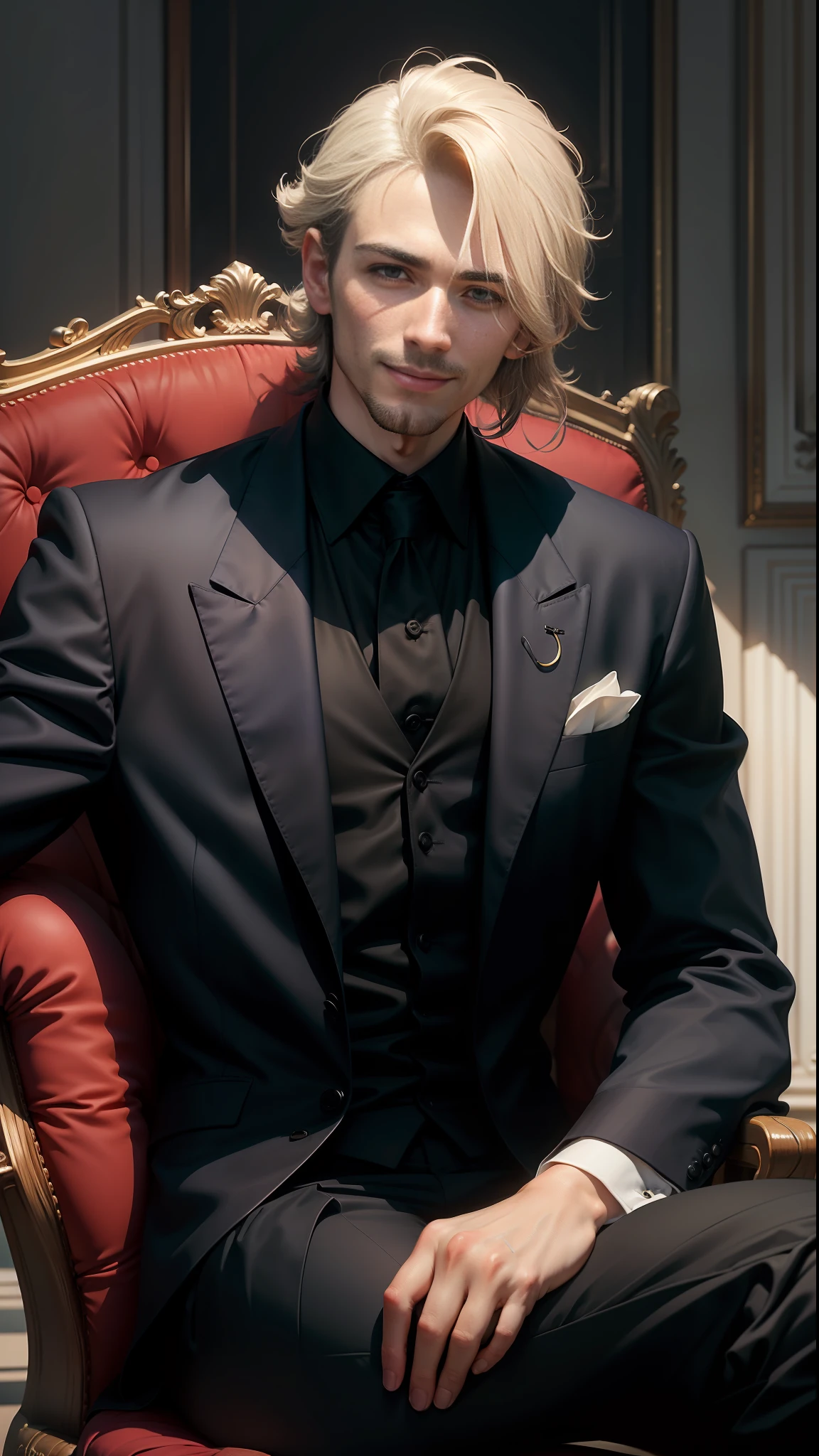 Inside the room in Western medieval style,A cold, dark-haired man leaned against the back of his chair,Wears a burgundy shirt and black suit,Smile at the audience,Presents hyper-realistic portraits,Soft beauty and delicate expressions that highlight the lines,The colors are mainly classical tones。
