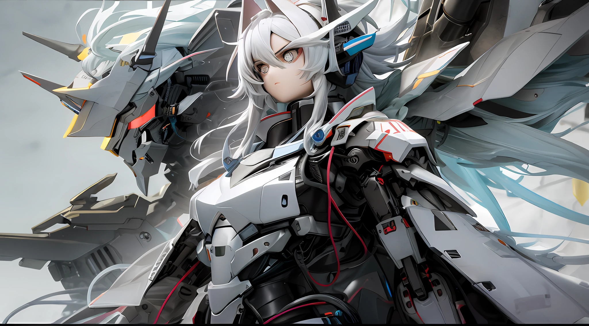 1girls, Electronic blue color, Wolf ears、 whited , color pastel、Bright atmosphere、Machine Man、White hair、Futuristic atmosphere、Despressing、White eyes、Longhaire、Exposed、the body is connected by a cable、Slender body, Upper body, headgear, machine wings, the universe, The god Machines,The god々Shikai、Huge machine、Jetwing