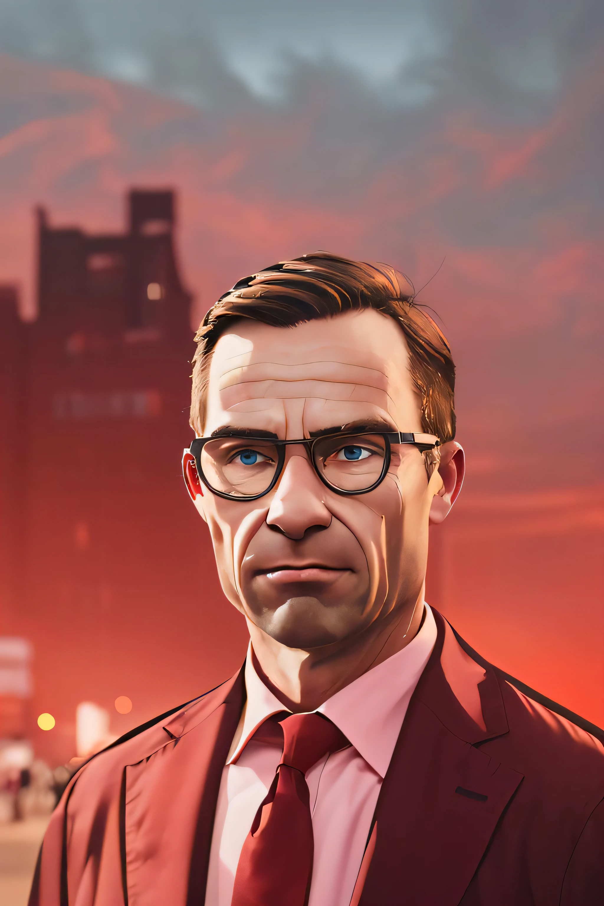 ((masterpiece)) ((high quality)) ((professional)) cartoon portrait of (UlfKristersson) wearing glasses on the boulevard, volumetric red clouds in the background, (digital art:1.3) masterful, (portrait composition:1.3) two tone lighting (absurdres), sharp, detailed, arcane style