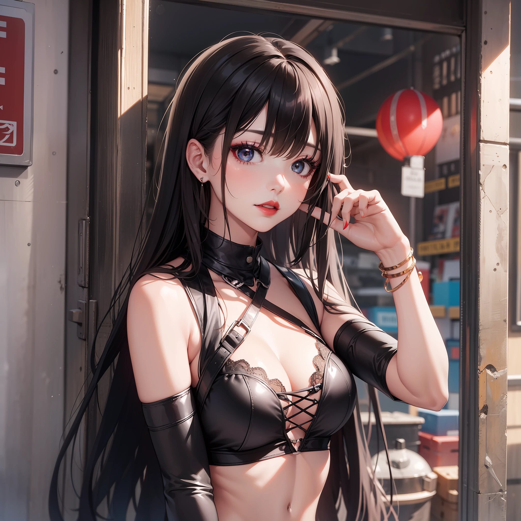 Top image quality Original Characters、Black long hair、Sexy makeup、Red summer clothes、Glossy red lip gloss、Volume Lighting、Engine depot、line