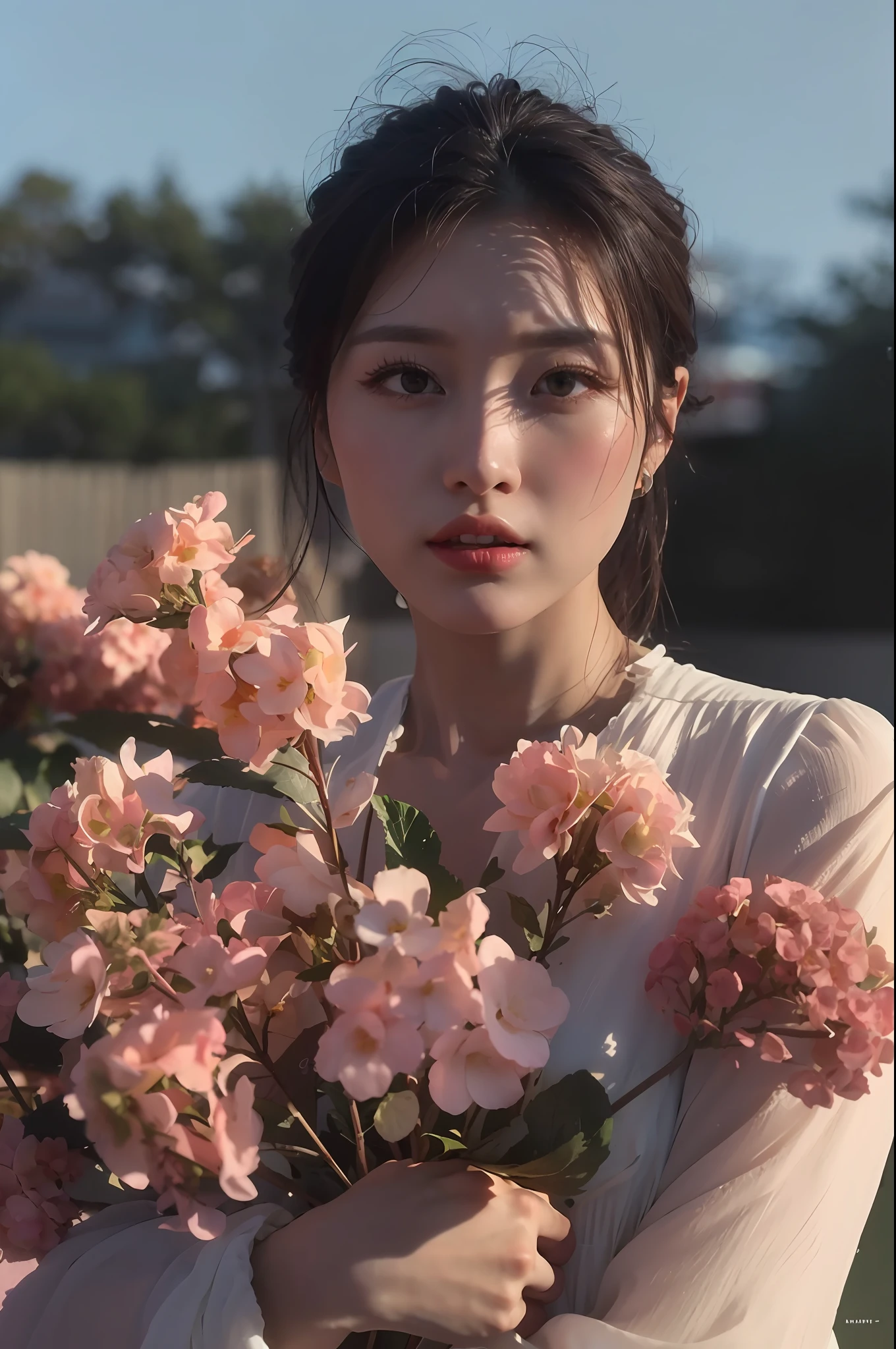 Flowers fill the walls，(Best lighting:1.2，Cute Chinese girl:1.2，[White dress:1.3]，full full body，Beautiful dance moves，Wearing a pink long silk bandeau dress，Colorful flower wall，Poster level，Flowers on the walls are not crowded，Elegant and colorful:1.1，Bright and moving:1.1，[Ultra-detailed:1.2+Dynamic pose+Delicate:1.2]，)，Large breasts，Pout，The sides are flanked by five-colored flowers，On the walls are pink hydrangeas，Rose flower，Small colored chrysanthemums，The background wall is a wall of flowers predominantly pink