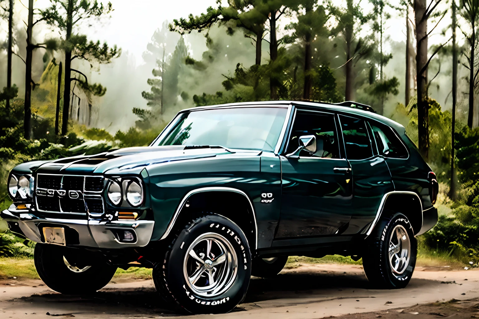 JEEP Black Body, Front view, driving through a forest, scene from the show supernatural, Masterpiece, award wining, dark and eerie forest, Dramatic lighting, foggy:1.0, Subdued Color, Sharp focus, Smooth, Intricate details, 8K Wallpaper, Trending on ArtStation