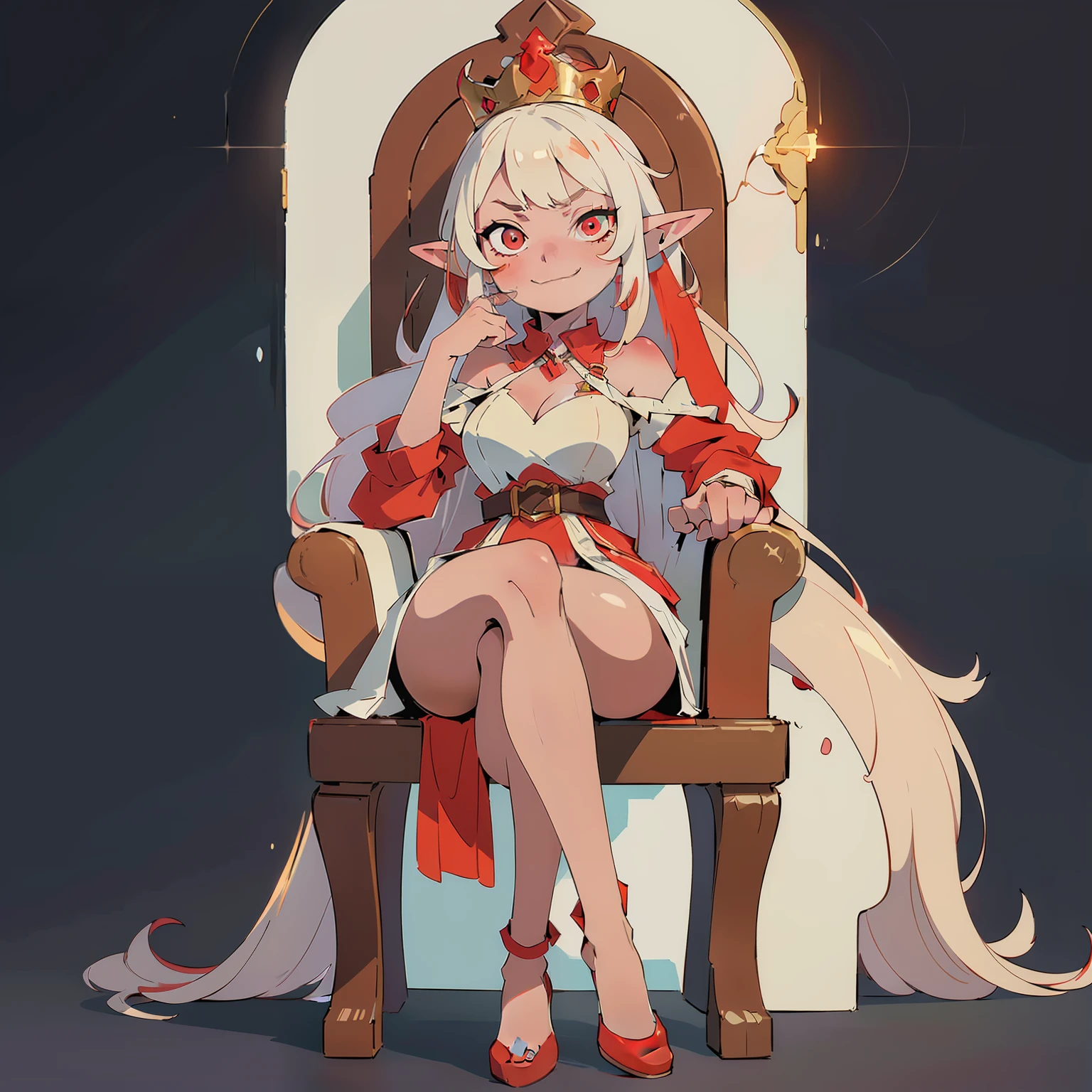 (a masterpiece of digital artwork with the finest quality and finest details:1.2),(an elaborate and stunning portrayal of an elf queen with a smug expression and piercing red eyes),(sitting on her throne under dim lighting, evil intentions flickering across her face), her crown glinting in the shadows.