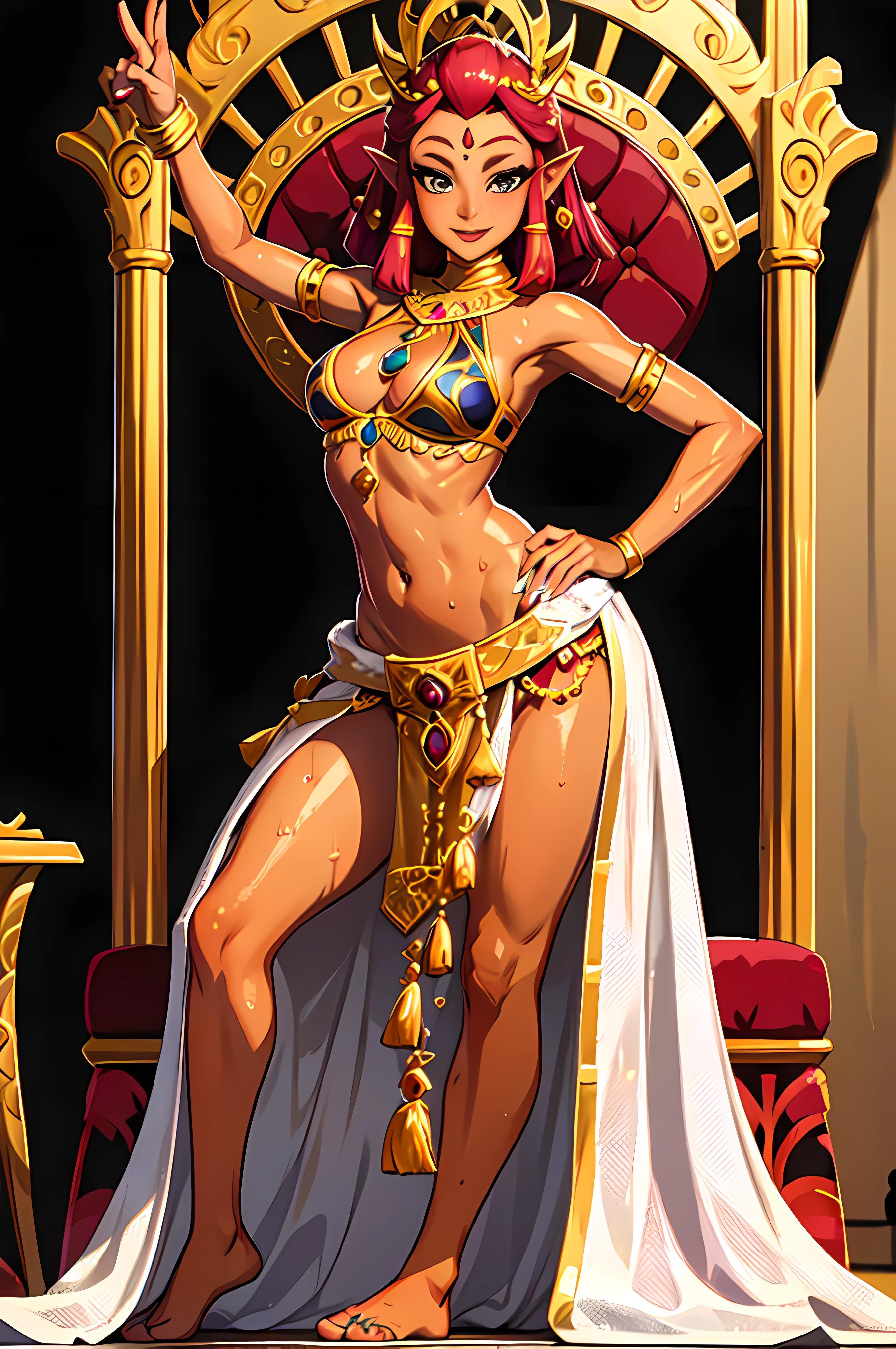 1z_riju\(totk\), medium breasts, lush breasts, voluminous breasts, firm breasts, five fingers, detailed hands, two hair tones, red and yellow hair, happy face, blush, sweat, wet with sweat, bare feet, full-length, naked, golden bikini, oriental outfit, belly dance, rich palace, throne, throne room, dances, transparent silk silk, gold attire, jewelry, standing on your feet, (Perfect anatomy), (perfect face), (ultra detailed face), (ultra detaled eyes)