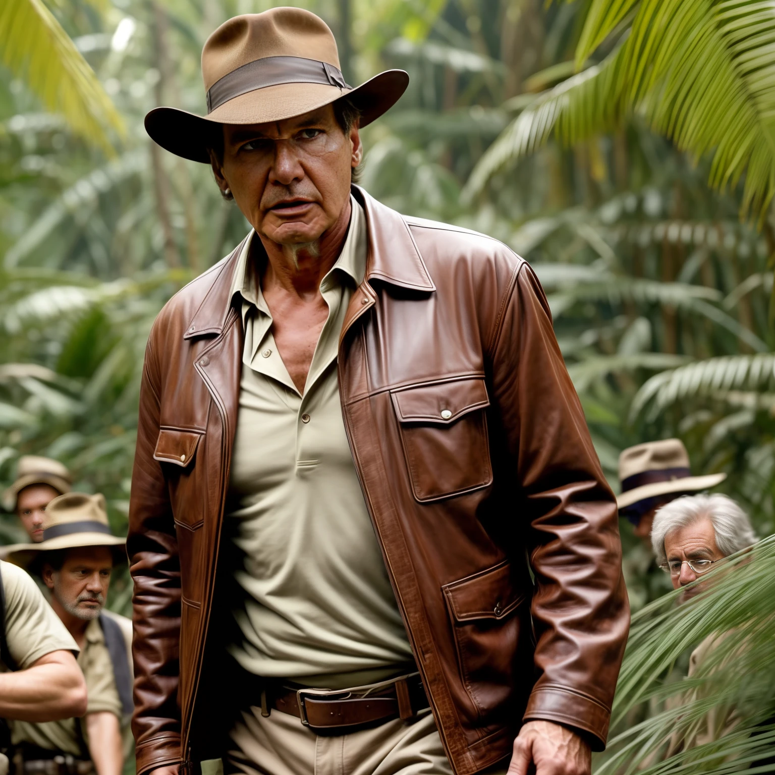 Award winning movie production stills. Cinematic lighting. Epic scene. close focus. Complex detailed surface textures. front view. Harrison Ford dressed as Indiana Jones wearing worn brown leather jacket stood in a clearing in the jungle. In the production style of Steven Spielberg