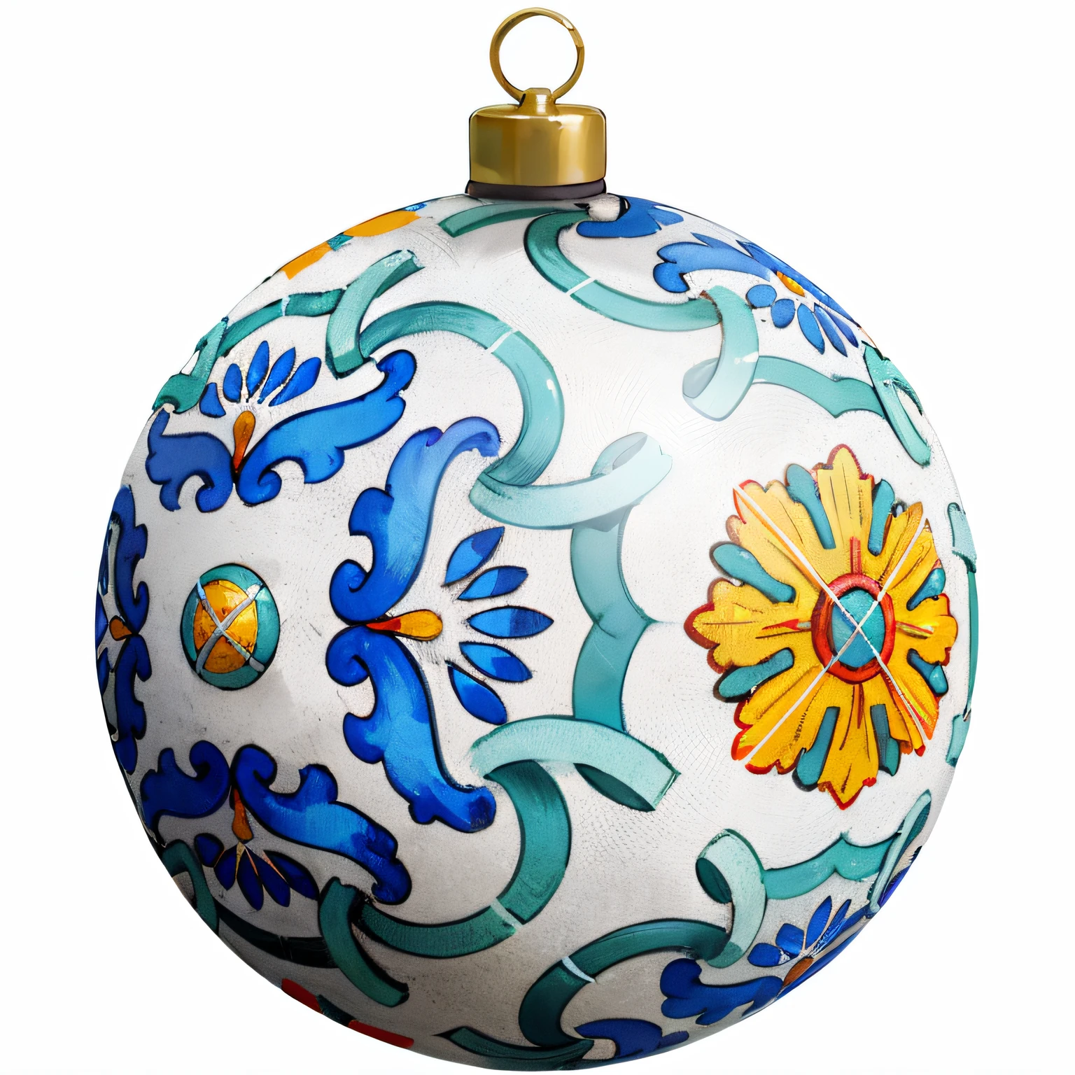 Um close up de um enfeite de Natal com um design de flores, enfeiteo hiper detalhado, Ornamentado, enfeite, enfeiteos detalhados, muito enfeiteado, enfeiteo intrincado, enfeiteos decorativos, enfeiteos decorados, Ornamento, enfeiteos intrincados, enfeiteo mourisco bonito, embellished decoration, enfeiteação, Geometric shaving, bola, elaborate geometric shaving, festivo, Processado, enfeiteal, redondo, organic ornament