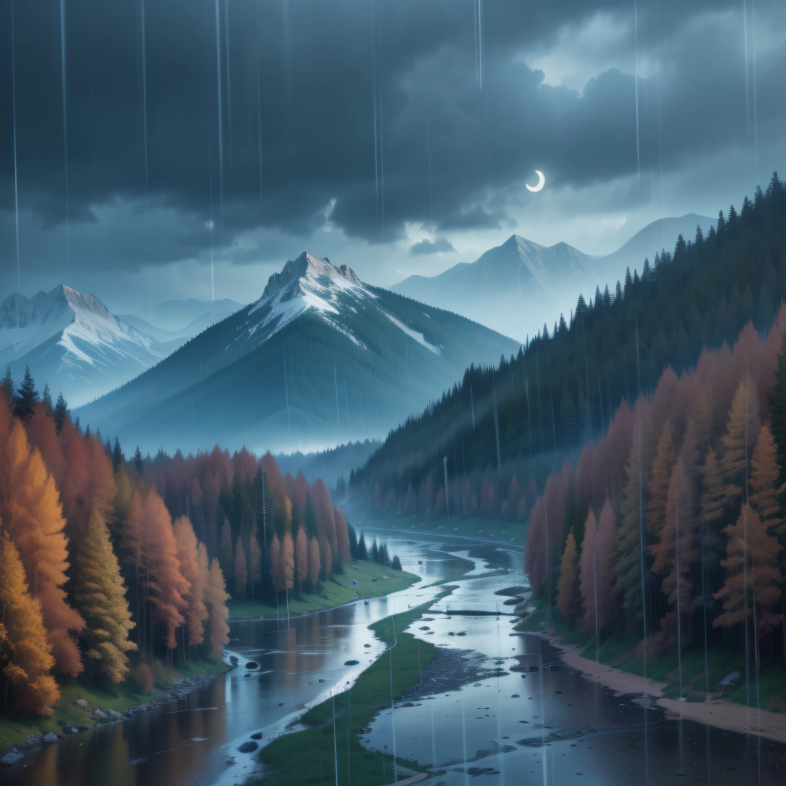 An arafed view of a valley，Fantastic mountain view，amazing wallpaper，Raymond Han，rainy evening, The moonlight is bright, Big mountains in the distance，rivers，animals，The trees swayed，In the evening in the rain, Beautiful and aesthetic, cinematography, filmes, 8k, high-detailed ((raining heavily)))