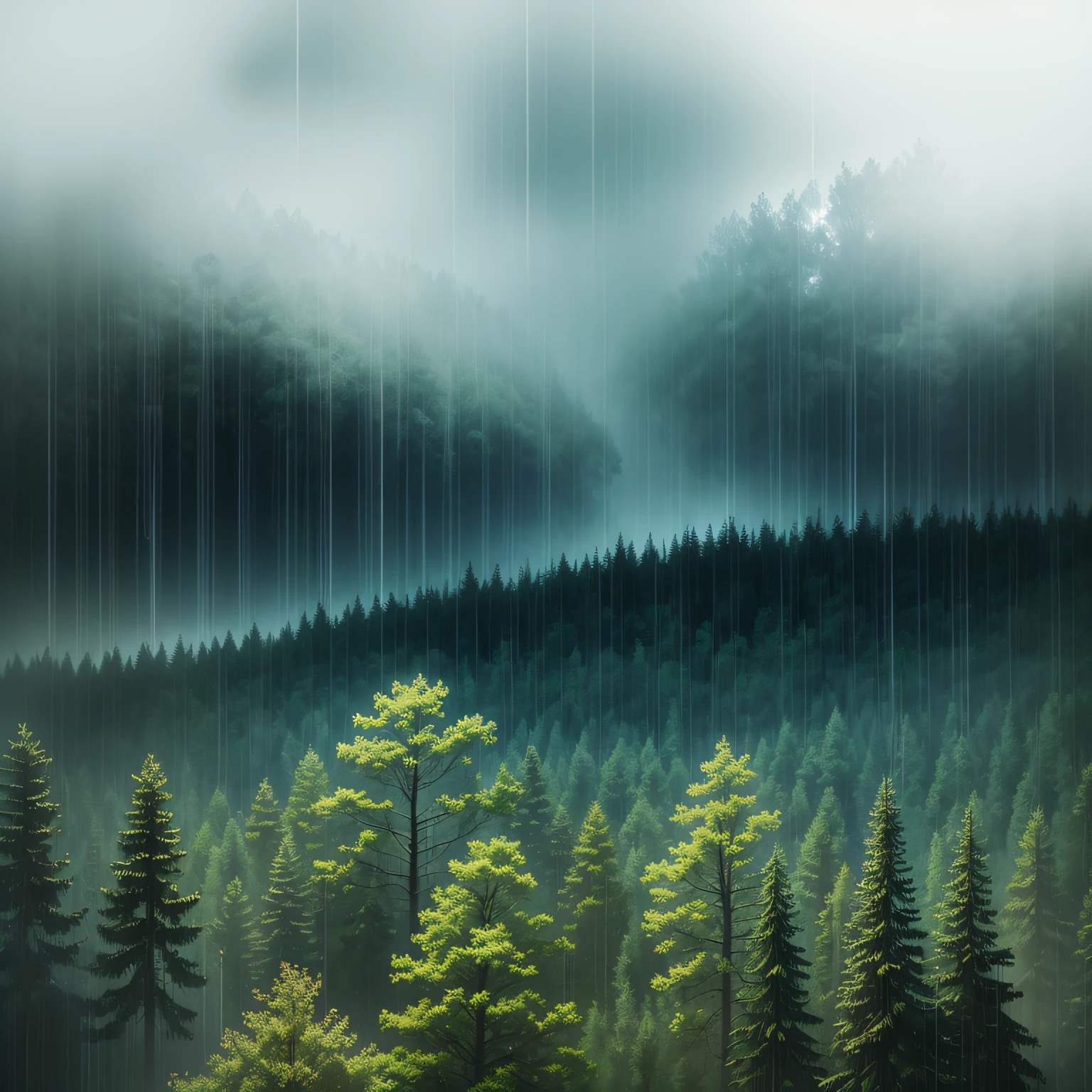 An arafed view of a valley,Fantastic mountain view,amazing wallpaper,Raymond Han,rainy evening, The moonlight is bright, Big mountains in the distance,rivers,animals,The trees swayed,In the evening in the rain, Beautiful and aesthetic, cinematography, filmes, 8k, high-detailed ((raining heavily)))