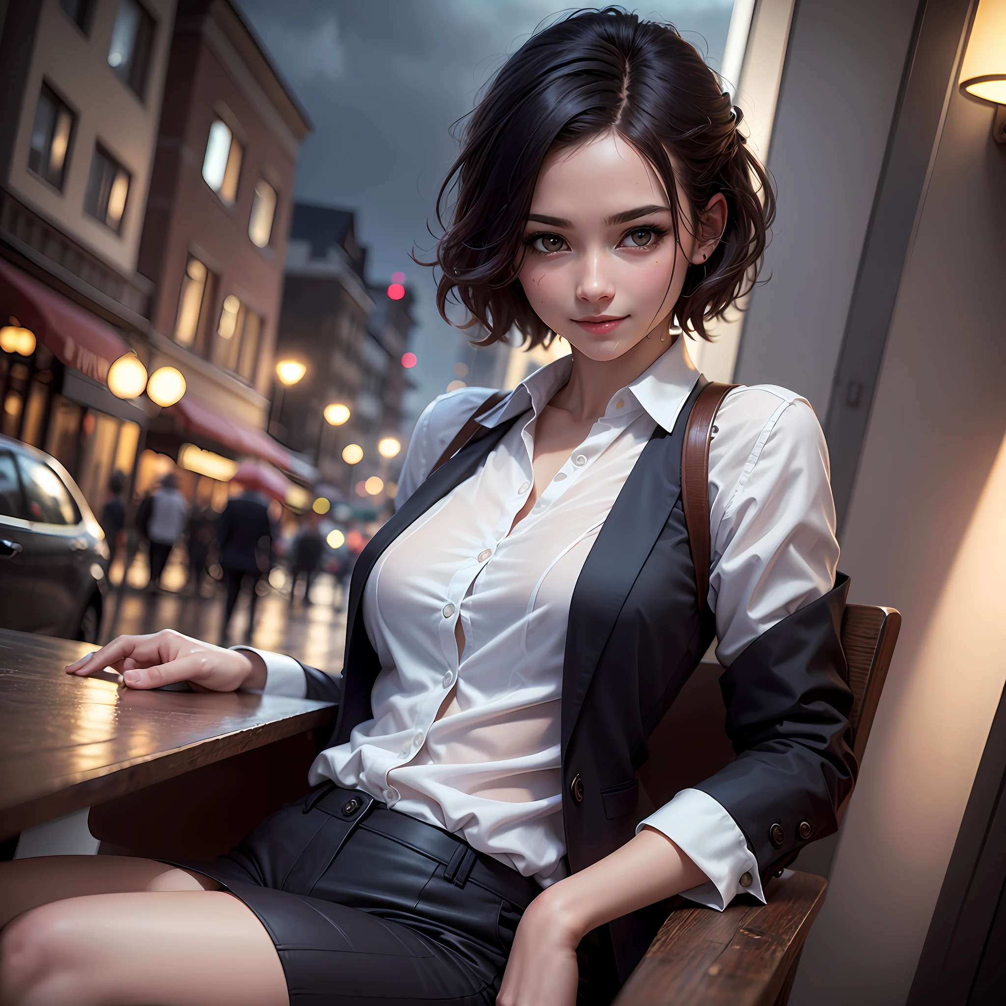 (64K,UHD,
 best quality, masterpiece:1.2), (realistic, photo-realistic:1.37), ultra-detailed, 1 girl, cute, solo, beautiful detailed sky, detailed cafe, night, sitting, dating, (nose blush), (smile:1.15), (closed mouth) small breasts, beautiful detailed eyes, (collared shirt:1.1), night, wet, business attire, rain, white lace, (short hair:1.2), floating hair NovaFrogStyle, ???????, --auto