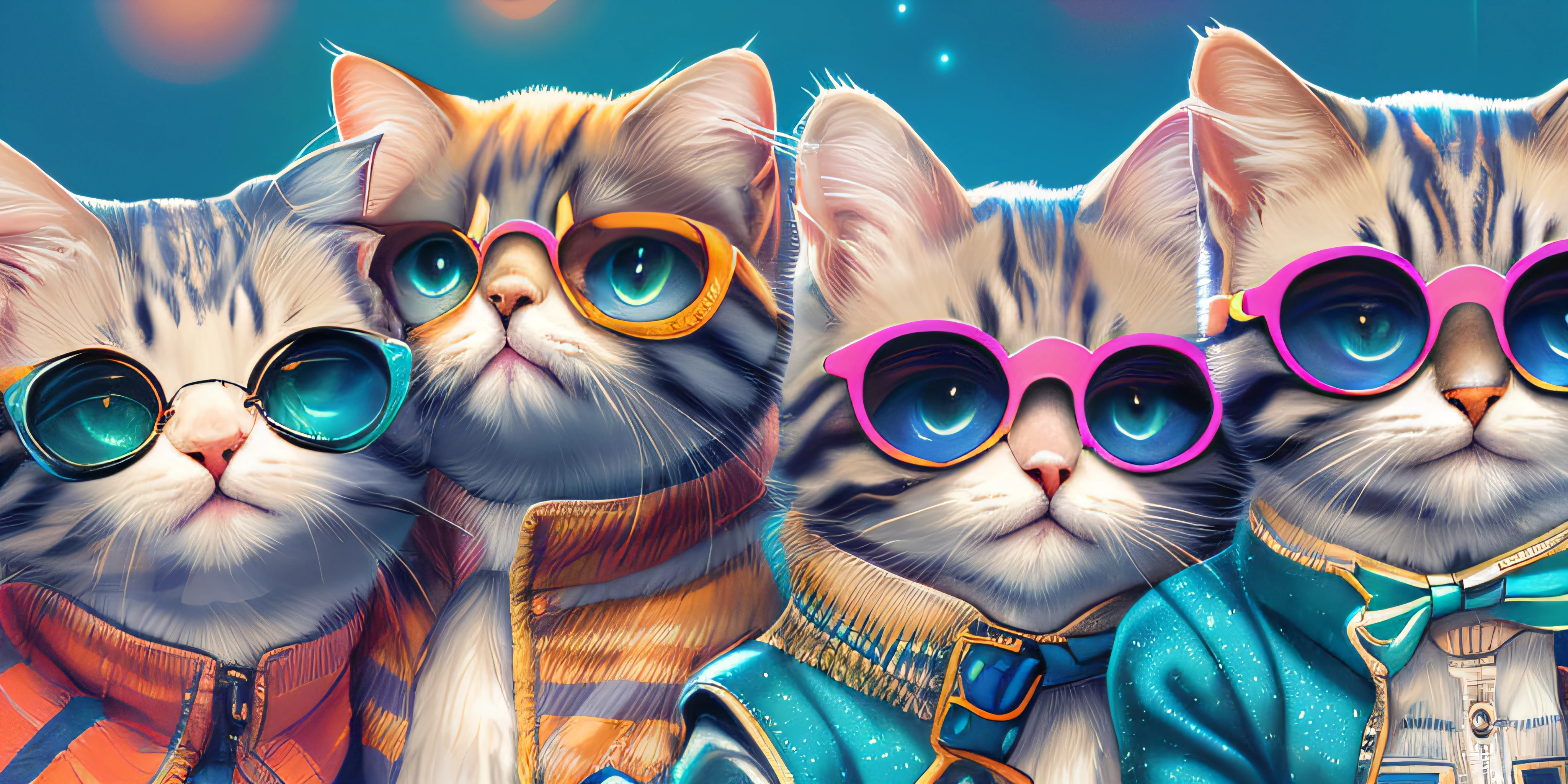 three cats wearing sunglasses and a tie are standing together, kittens in outer space, Beeple e Jeremias Ketner, Planeta dos Gatos, Jen Bartel, Gatos Neon bonitos, arte digital detalhada bonito, illustration of 2 cats, arte de fantasia peluda, gato espacial, painting digital adorable, cat in space, arte digital bonito, gatos gatos dreamcats