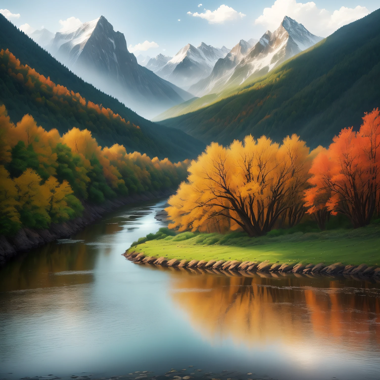 An arafed view of a valley,Fantastic mountain view,amazing wallpaper,Raymond Han,rainy evening, The moonlight is bright, Big mountains in the distance,rivers,animals,The trees swayed,In the evening in the rain, Beautiful and aesthetic, cinematography, filmes, 8k, high-detailed ((raining heavily)))