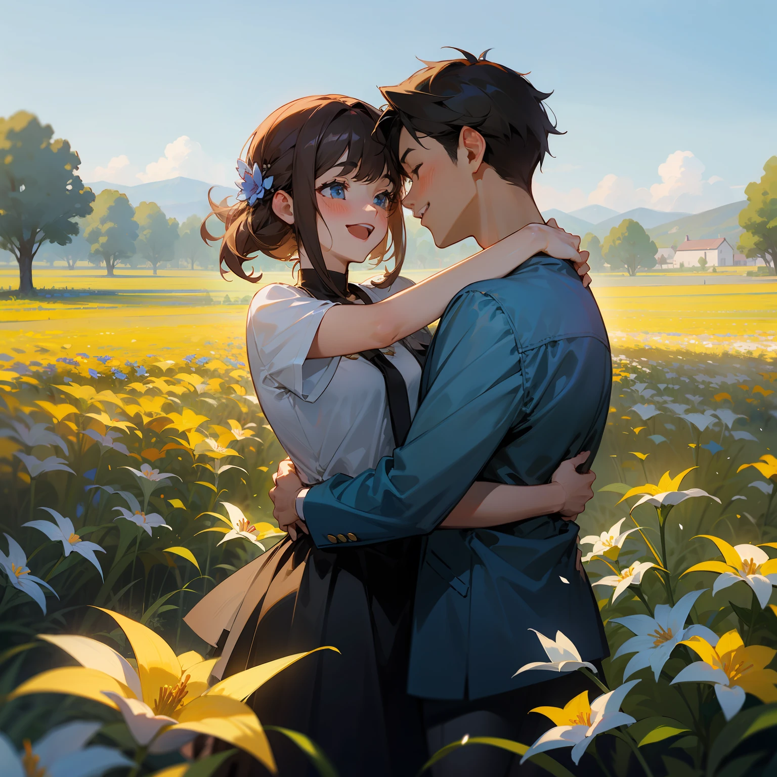 couple, 1girl, 1boy, hugging each other, smile, laugh, romantic atmosphere, behind the flower, flower field, blue sky, landscape
