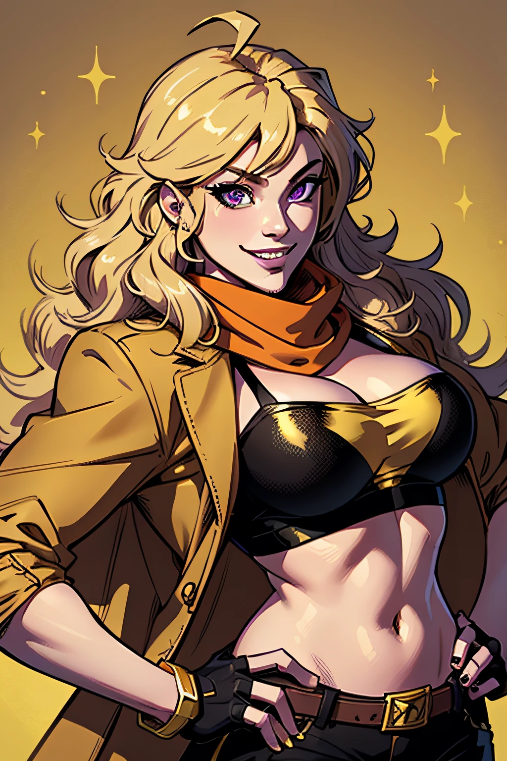 (masterpiece, best quality:1.2), cowboy shot, solo, 1girl, yang xiao long, grin, hand on hip, ahoge, purple eyes, golden long hair, brown jacket, yellow tube top, black shorts, black fingerless gloves, orange scarf, waist cape, midriff, cleavage