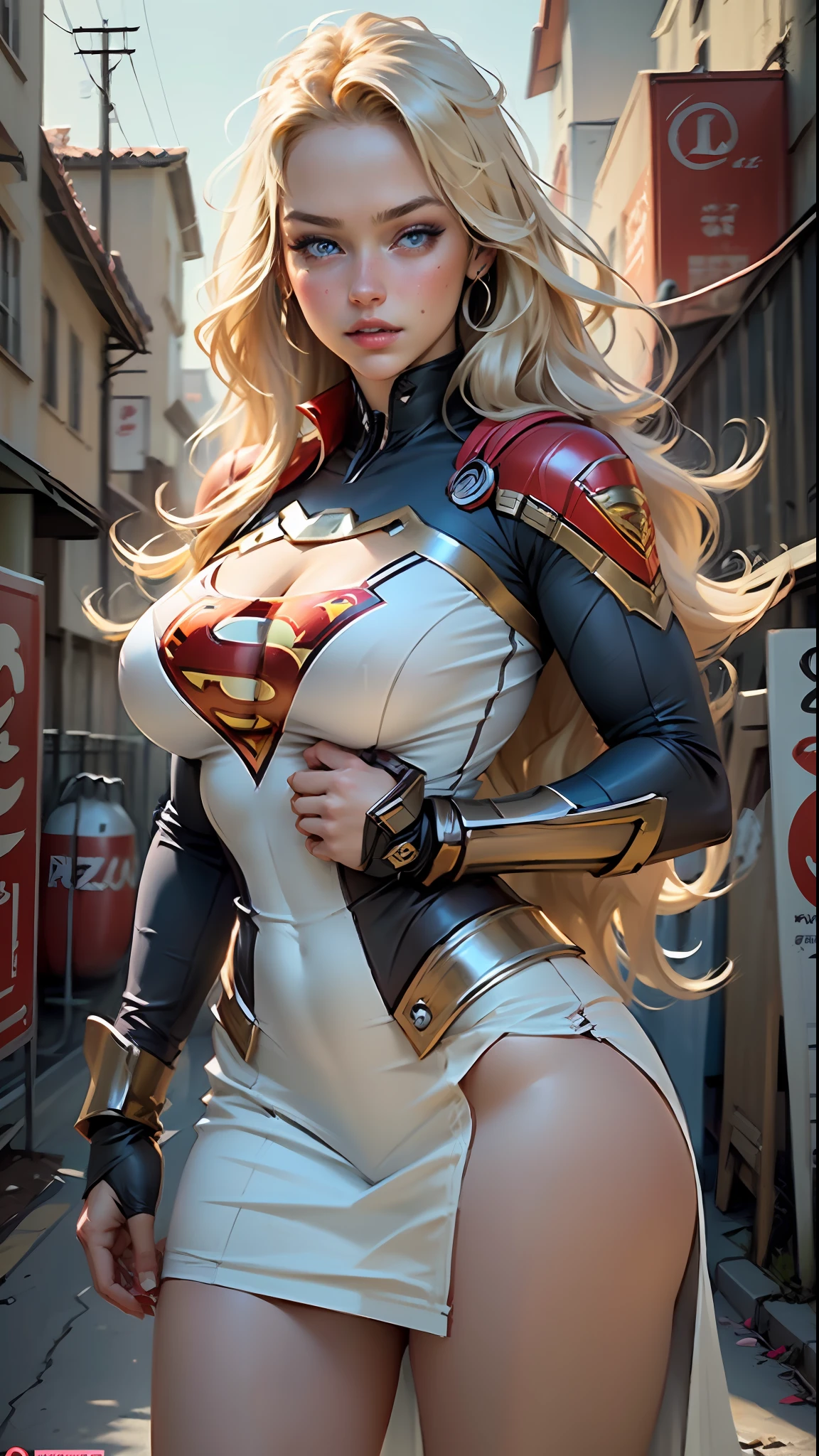 (best quality)), ((masterpiece)), ((realistic)), (detailed), detailed face,supergirl Beautiful woman (20 years old, long blonde hair, blue eyes) defined body, detailed, using tube dress supergirl suite,((( huge breasts)))