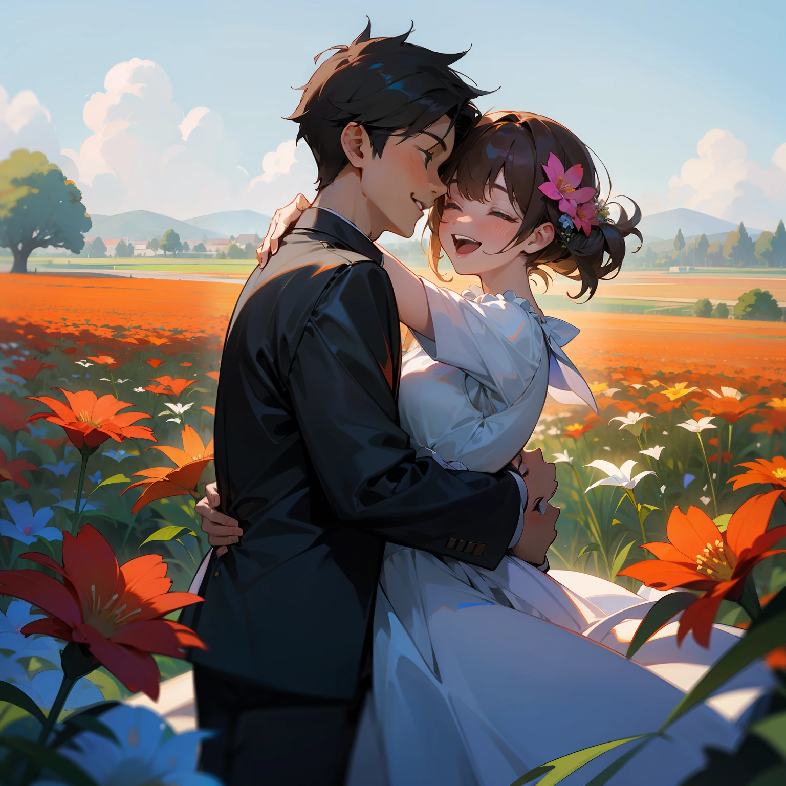couple, 1girl, 1boy, hugging each other, smile, laugh, romantic atmosphere, behind the flower, flower field, blue sky, landscape