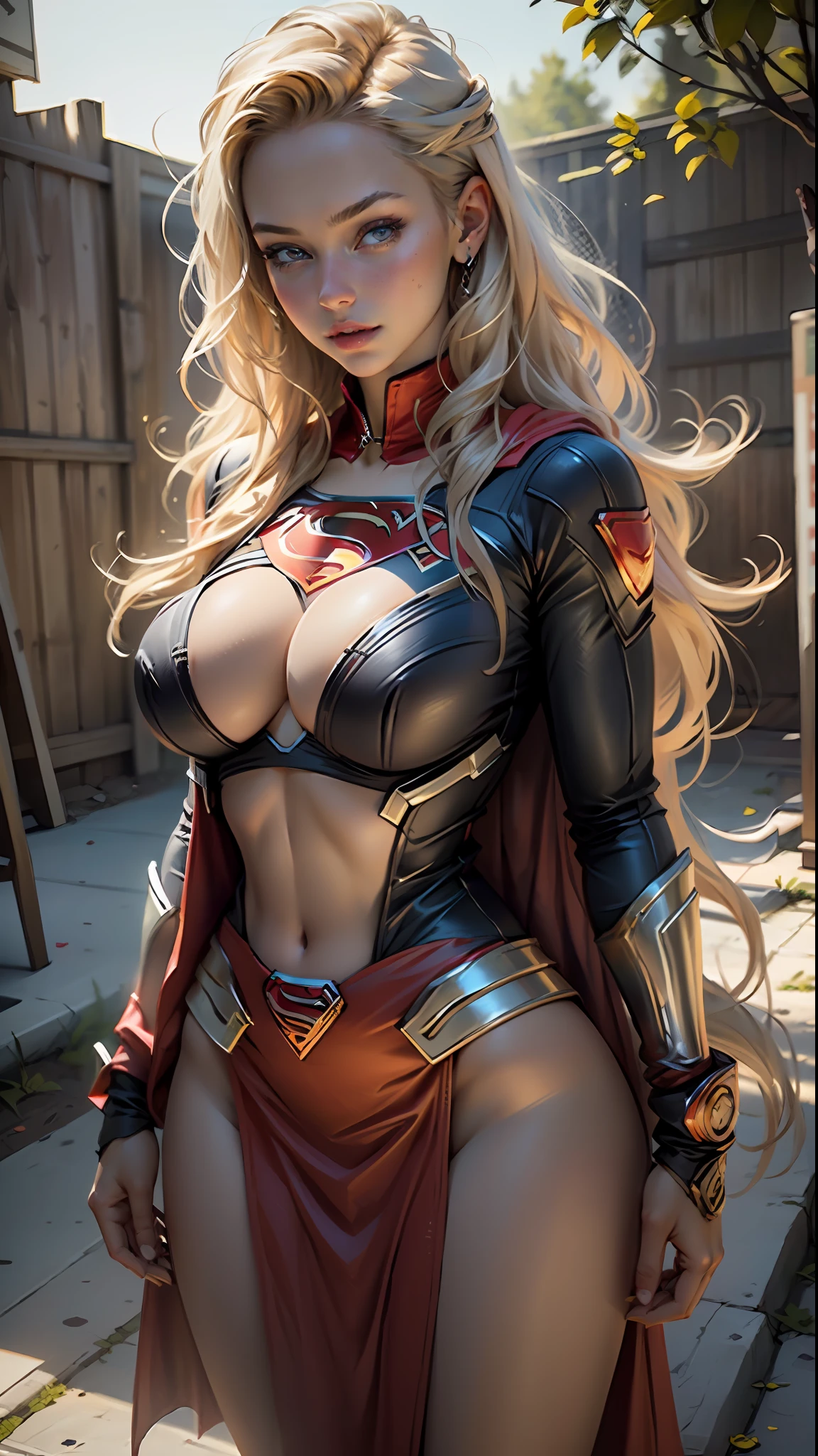 (best quality)), ((masterpiece)), ((realistic)), (detailed), detailed face,supergirl Beautiful woman (20 years old, long blonde hair, blue eyes) defined body, detailed, using tube dress supergirl suite,((( huge breasts)))