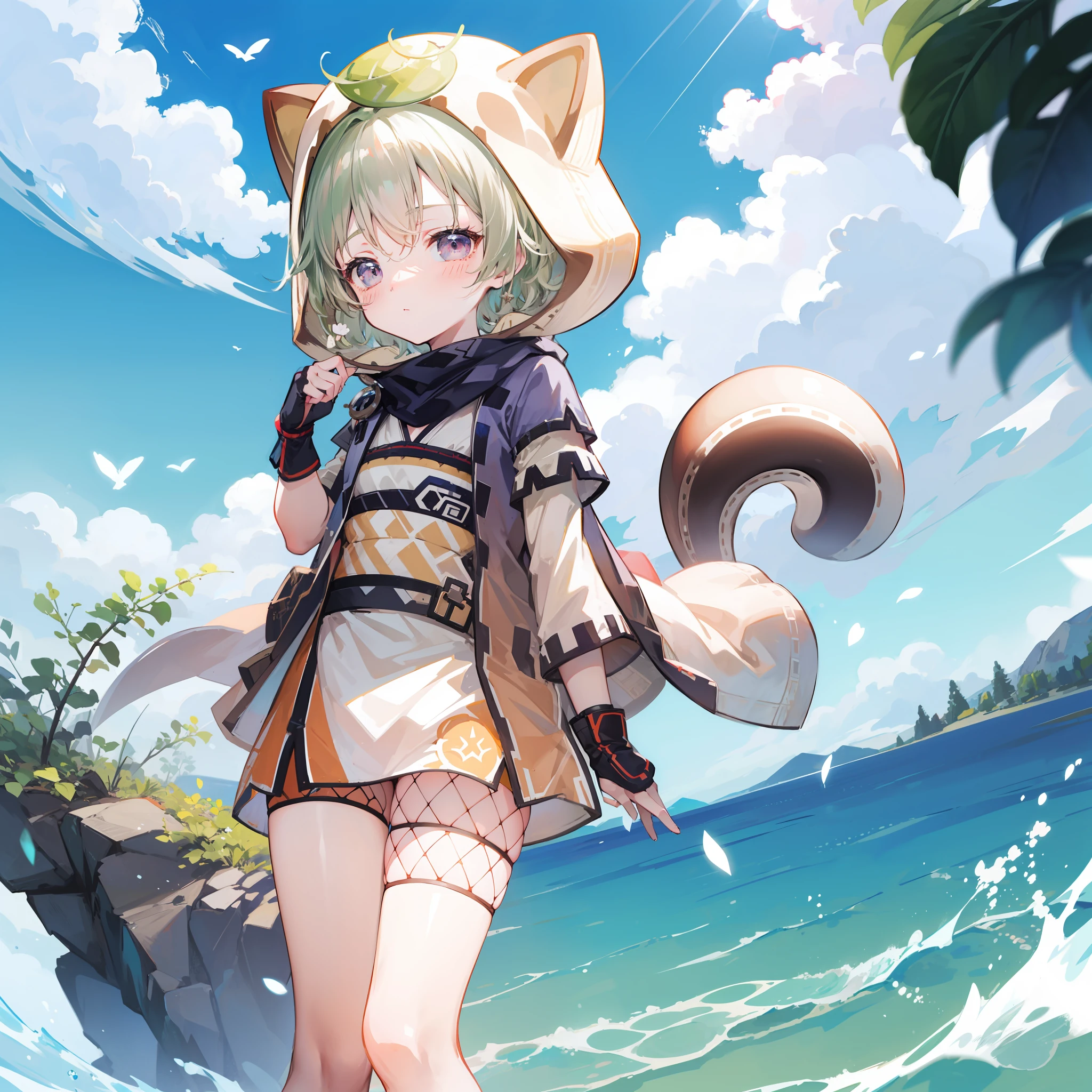 blush, outdoor, daytime, simple background, blue sky, wavy hair, sky, looking at the audience , very cute expression, small short legs, avatar, white tights