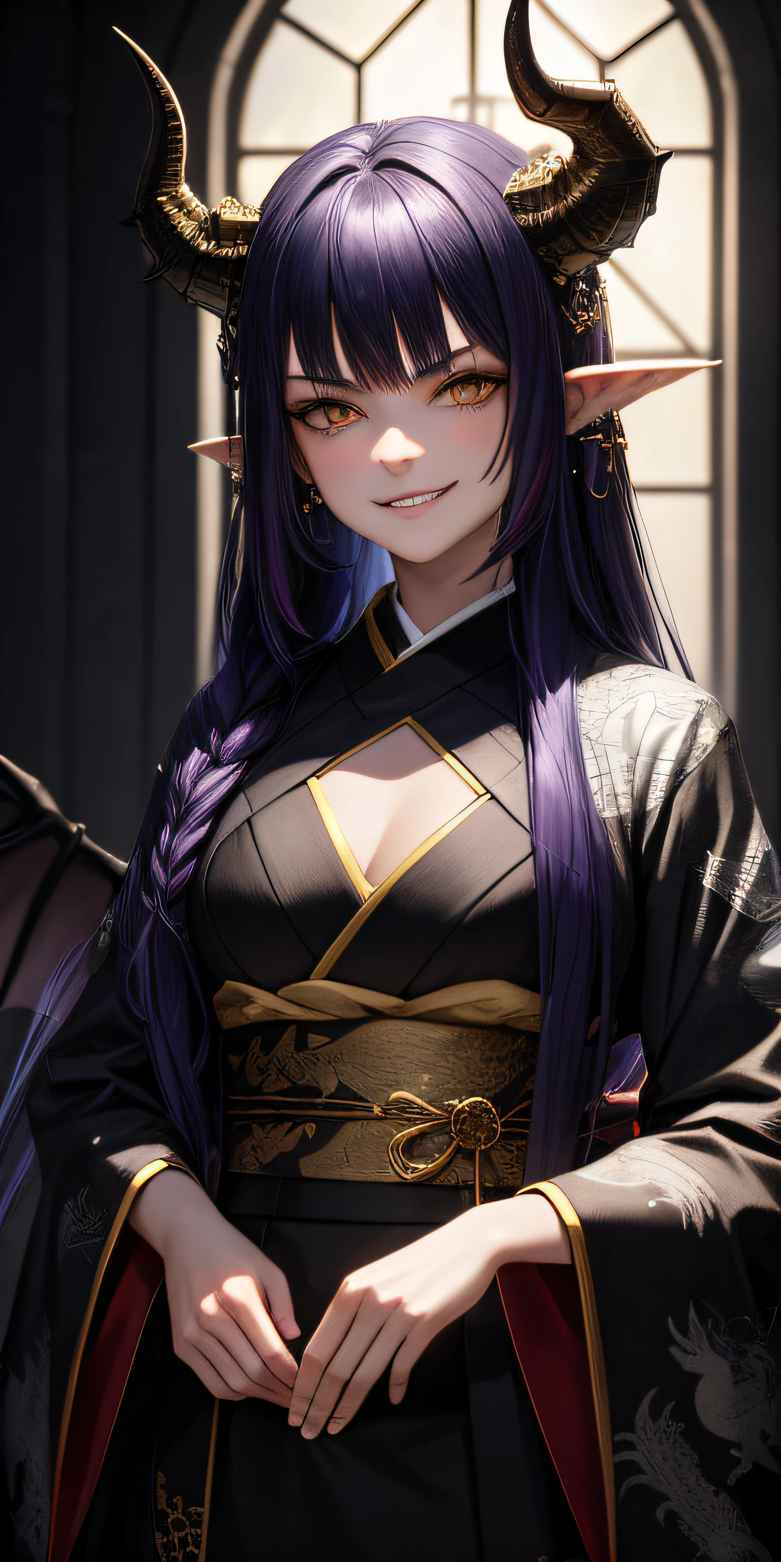 (masterpiece, best quality), intricate details, 1girl, purple hair, long hair, bright hair, golden eyes, spiky bangs, black and white kimono, pointed ears, dragon horns, evil smirk