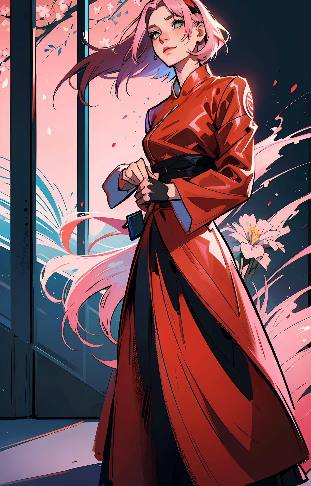 sakura haruno, ((somente)), sozinha, ((Head for the exhibition)), elegante,usando uma blusa vermelha e uma saia rosa claro, Sakura haruno em Naruto Shippuden, she's charming, atraente, cabelo rosa, delicado, jovem, cabelo curto, detalhado, hight definition, ((corpo inteiro)), she's in her house looking at a picture, olhando para o espectador, she's a beautiful woman , beautiful and nice woman, Linda, Bela, alta qualidade, olhos definidos, hight definition, nitidos, sharp strokes, Linda, red bow in hair,trending on ArtStation, por RHADS, Andreas Rocha, Horse, Makoto Shinkai, Laurie Greasley, Lois van Baarle, Ilya Kuvshinov e Greg Rutkowski