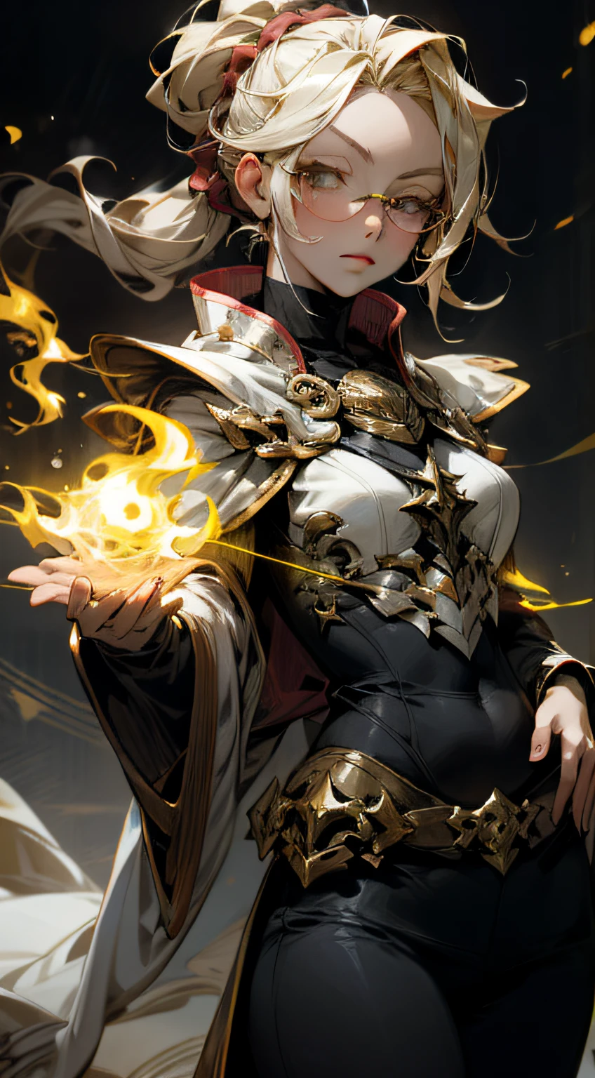 woman, blonde, anime, sorceress, hyperrealistic, conjuring fire magic, wears glasses, hair tied back, full breasts. golden eyes.