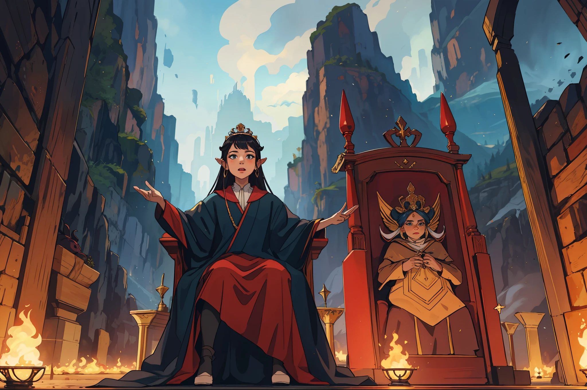 Obra-prima, melhor qualidade, paisagem de fantasia, (alta fantasia:1.3), Líriel took the throne, not as a queen of absolute power, but as a leader committed to justice and equality. She promoted reforms and established a new government, ensuring that everyone's voices were heard and respected. The rebellious orcs, once marginalized and enslaved, were integrated into society, receiving due recognition.