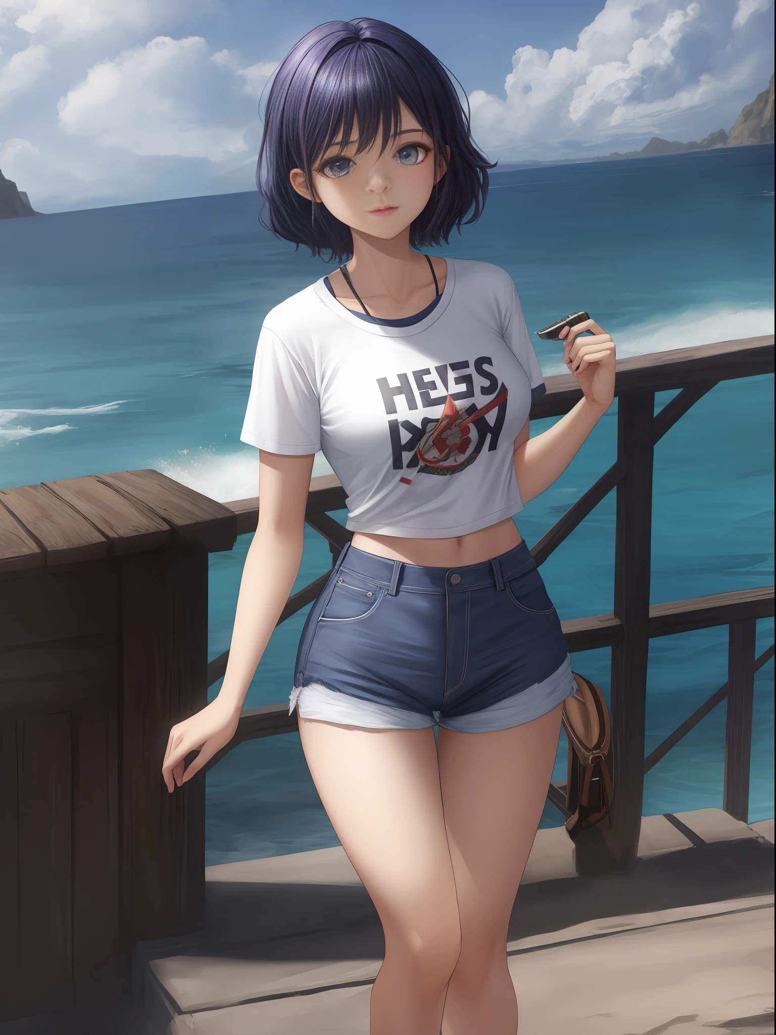obra-prima, melhor qualidade, 1bela mulher, solo, cabelo azul, cabelo rabo de cavalo, olhos [rosa| azul], tema branco, tema azul, camiseta branca, shorts, average chest, umbigo, (heaven, luz solar, oceano, de baixo: 1. 36), standing on, tiro de cowboy, , 8k, UHD, HDR, (Obra-prima: 1. 5), (melhor qualidade: 1. 5)