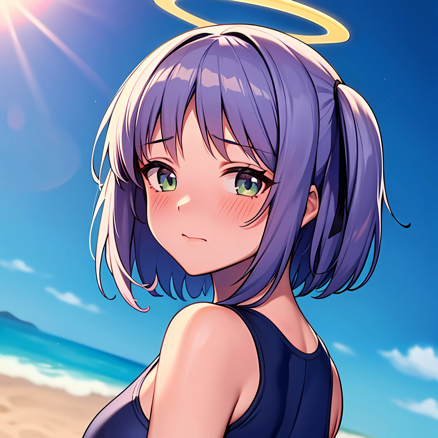(exceptional, best aesthetic, new, newest, best quality, masterpiece, extremely detailed), 1girl, solo, blush, mitsukaidokuro, looking_at_viewer, from_behind, looking_back, full-face_blush, embarrassed, school_swimsuit, beach, sun, halo