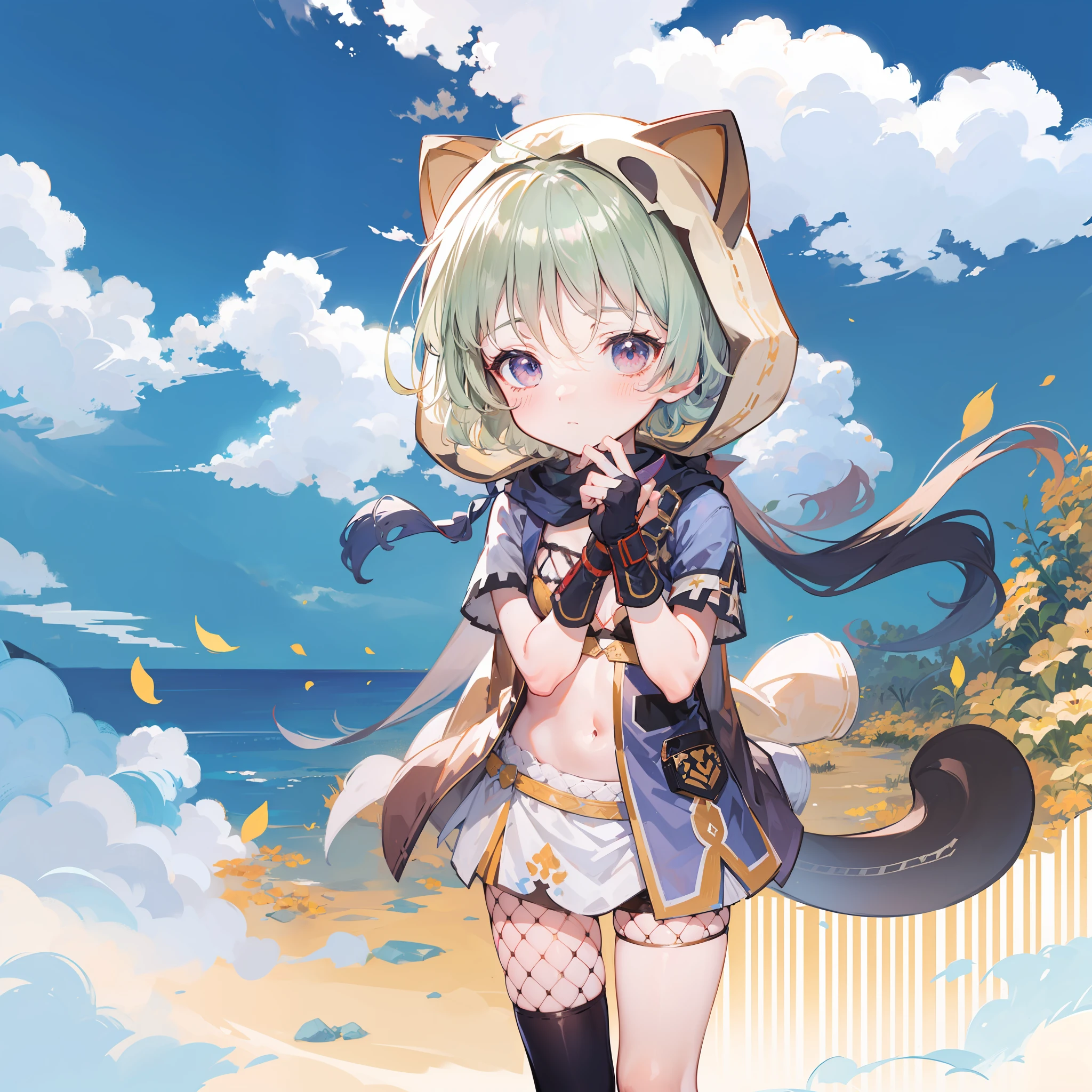 get blush, al fresco, During the Day, Simple background, a blue sky, Rippled hair, skies, Look at the audience loli, The expression is cute,Small short legs,avatar,White tights,brassiere