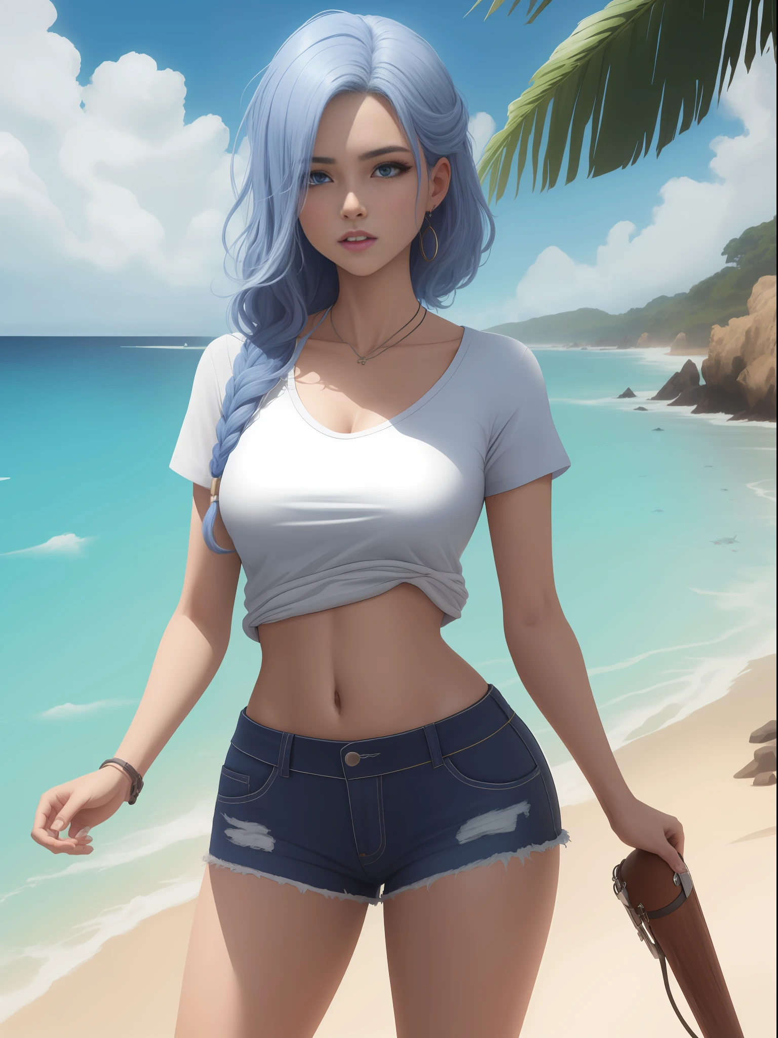 obra-prima, melhor qualidade, 1bela mulher, solo, cabelo azul, cabelo rabo de cavalo, olhos [rosa| azul], tema branco, tema azul, camiseta branca, shorts, average chest, umbigo, (heaven, luz solar, oceano, de baixo: 1. 36), standing on, tiro de cowboy, , 8k, UHD, HDR, (Obra-prima: 1. 5), (melhor qualidade: 1. 5)