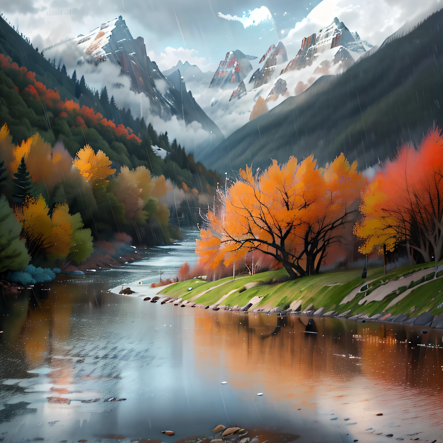 An arafed view of a valley，Fantastic mountain view，amazing wallpaper，Raymond Han，rainy evening, The moonlight is bright, Big mountains in the distance，Rivers，animals，The trees swayed，Flowers bloom in the evening in the rain, Beautiful and aesthetic, Cinematography, filmes, 8K, high-detailed ((raining heavily)))