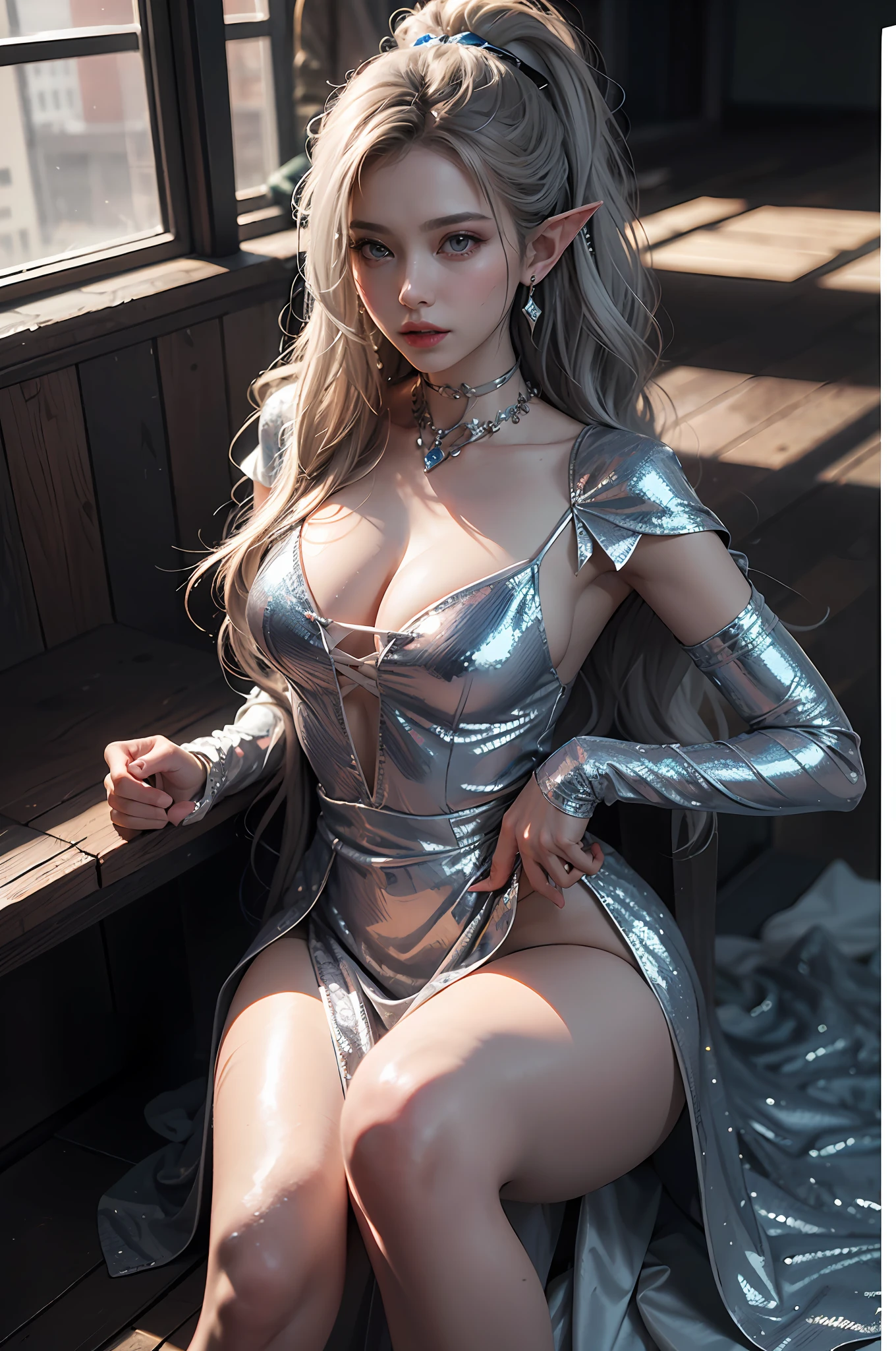 ((best qulity)), ((A masterpiece)), (Detail:1.4), 3D, A beautiful elven fantasy beautiful girl，Elf long ears，ear studs，（（Long silver hair，Double ponytail:1.9））,（Purple princess dress，Long skirt：1.4）（Black stockings beautiful legs，High-heeled sandals：1.6）（Western European medieval style，Metal Temple，：1.6），Metallic sequins，Fantasy wind,closeup of face,Extremely normal hands,Extremely normal legs,hdr（High dynamic range）,raytraced,NVIDIA RTX,The ultra-Resolution,Unreal 5,Subsurface scattering、PBR Texture、post-processed、Anisotropic filtration、deep of field、Maximum clarity and clarity、Multilayer Texture、Albedo e mapas Speculares、Surface Coloring、Accurate simulation of light-material interactions、perfectly proportioned、octane rendered、Two-colored light、Large aperture、Low ISO、White balance、rule of thirds、8K RAW