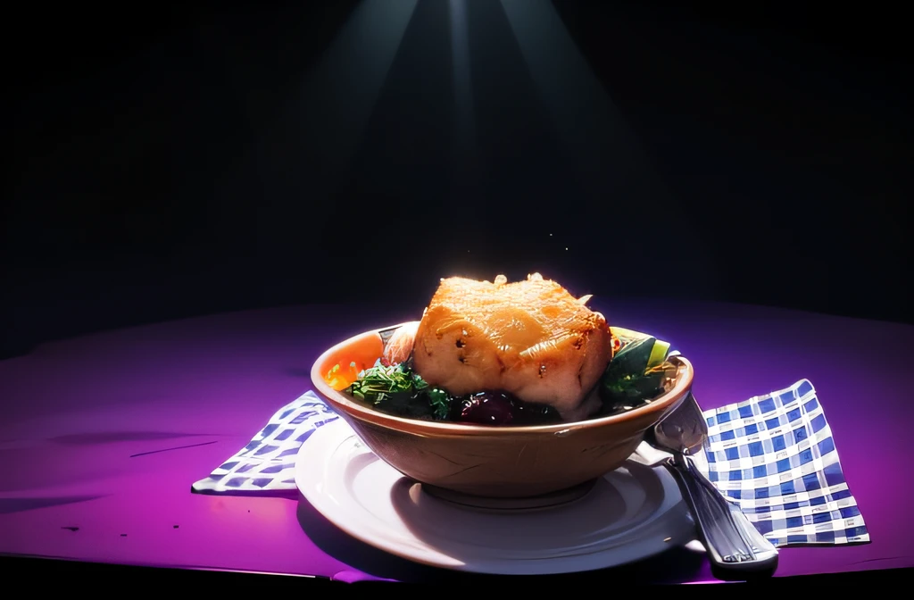 Un plato de comida con focos sobre fondo negro, Etapa LIGHRT, stage background, dramatic stage lighting, dramatic lighting. realista, stage light, stage lighting, ( ( Luces de escenario ) ), empty stage, Luces de escenario, theatrical lighting, Reflectores en segundo plano, sobre fondo oscuro, advanced stage lighting, lighting background