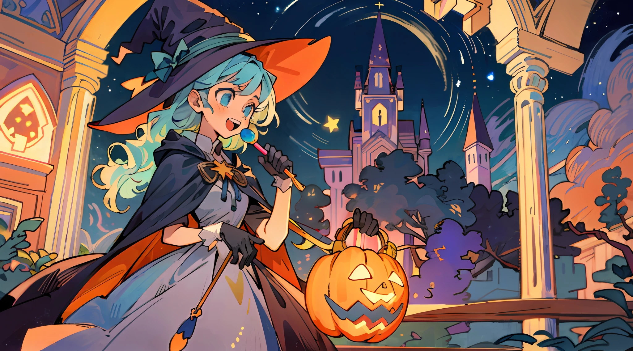 ((masterpiece:1.2, best quality)), 1girl, solo, (witch hat), a close up of a girl with curly hair, dress, aurora, night, star (sky), gloves, sky, dress, night sky, open mouth, starry sky, light blue eyes, ribbons, smile, cape, colorful hair, magic, casting spell, night, (impressionism:1.4), alphonse mucha, Halloween colors, colorful candy, magical lights, pumpkins, candies, spooky castle cathedral background