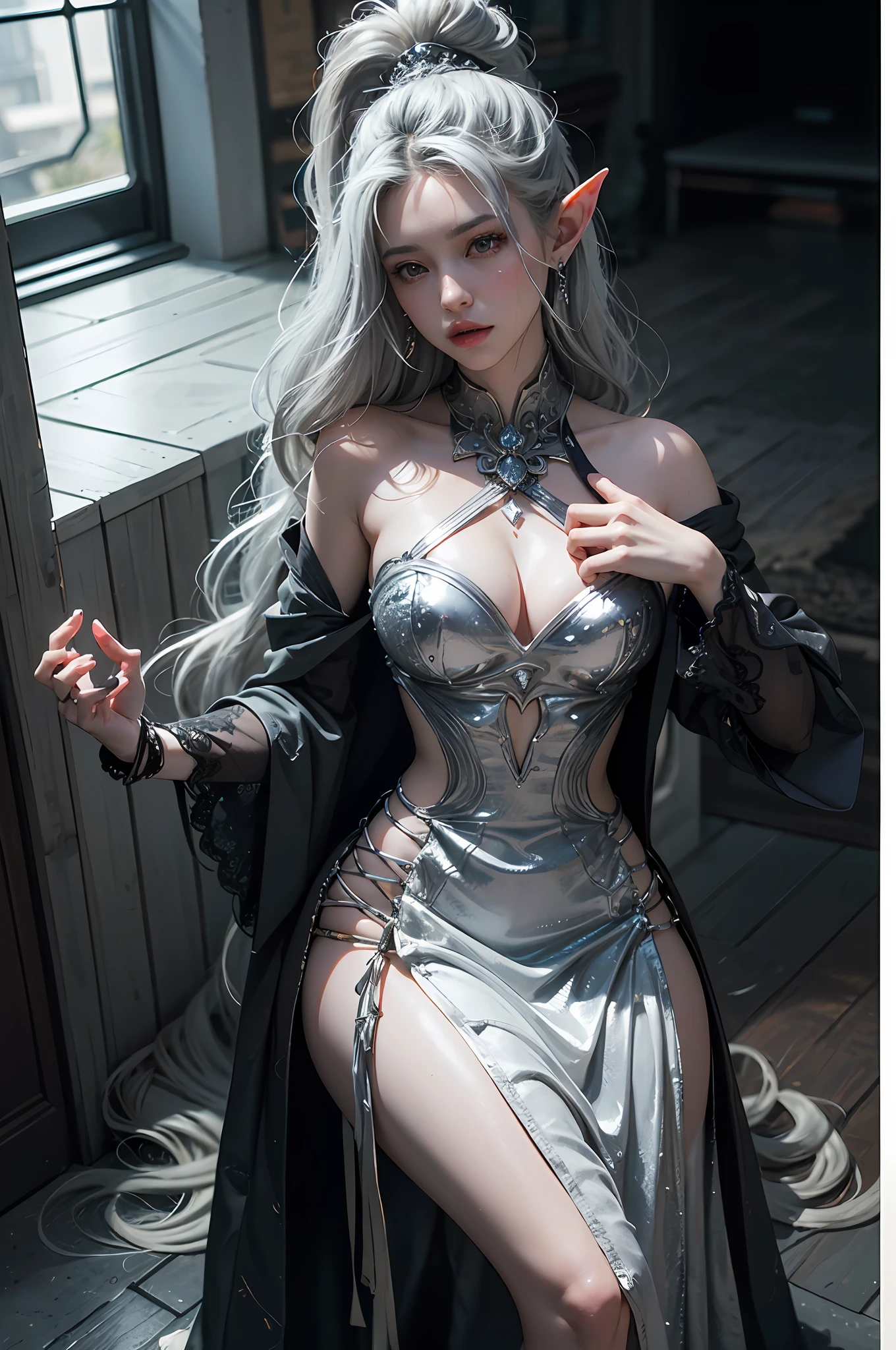 ((best qulity)), ((A masterpiece)), (detail:1.4), 3D, A beautiful elven fantasy beautiful girl,Elf long ears,ear studs,((Long silver hair,Double ponytail:1.9)),(Purple princess dress:1.4)(Western European medieval style,Metal Temple,:1.6),Metallic sequins,Fantasy wind,close-up to face,Extremely normal hands,Extremely normal legs,hdr(High dynamic range),light tracing,NVIDIA RTX,The ultra-Resolution,Unreal 5,Subsurface scattering、PBR Texture、Postprocess、Anisotropic filtration、depthoffield、Maximum clarity and clarity、Multilayer Texture、Albedo e mapas Speculares、Surface Coloring、Accurate simulation of light-material interactions、perfectly proportioned、octane render aesethic、Two-colored light、Large aperture、Low ISO、White balance、rule of thirds、8K RAW