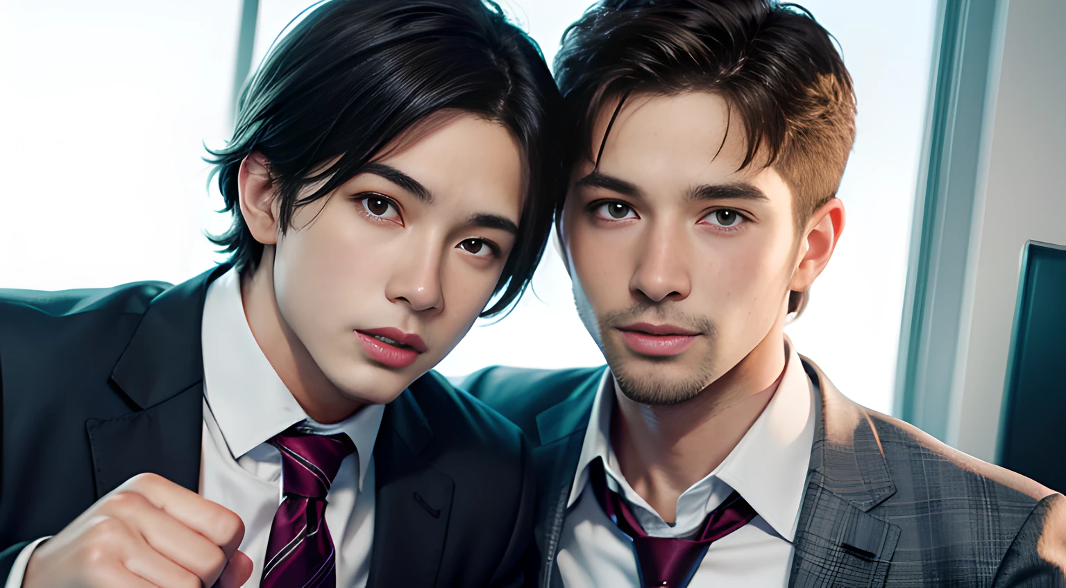 (They are male gay couple ), (head shot), (face only), (two gay handsome muscular businessmen in their 30s)、They are wearing blue business suit and pink tie in the office, short dark blonde hair, They resemble Chris Redfield from Resident Evil, mischievous smile, (small details: 1 in 1), natural muscles, hig quality, beautifull eyes, (Detailed face and eyes), (Face、: 1 / 2), noise, real pictures、... ..............PSD, Sharp focus, High resolution 8K, Realstic & Professional Photography, 8k UHD, Soft lighting, High quality, Film Grain, Fujifilm XT3